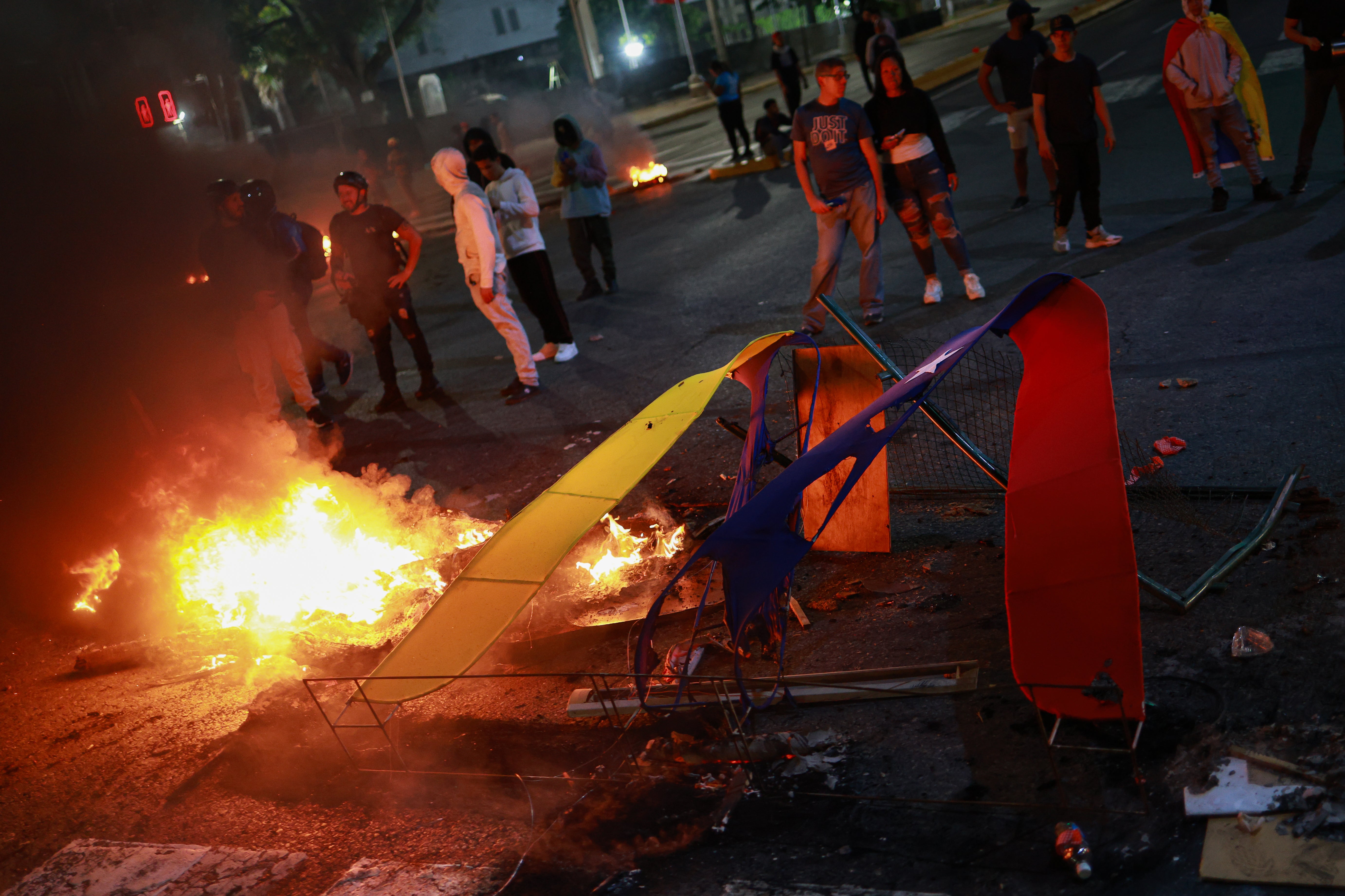 Protesters block a street during a demonstration in Venezuela