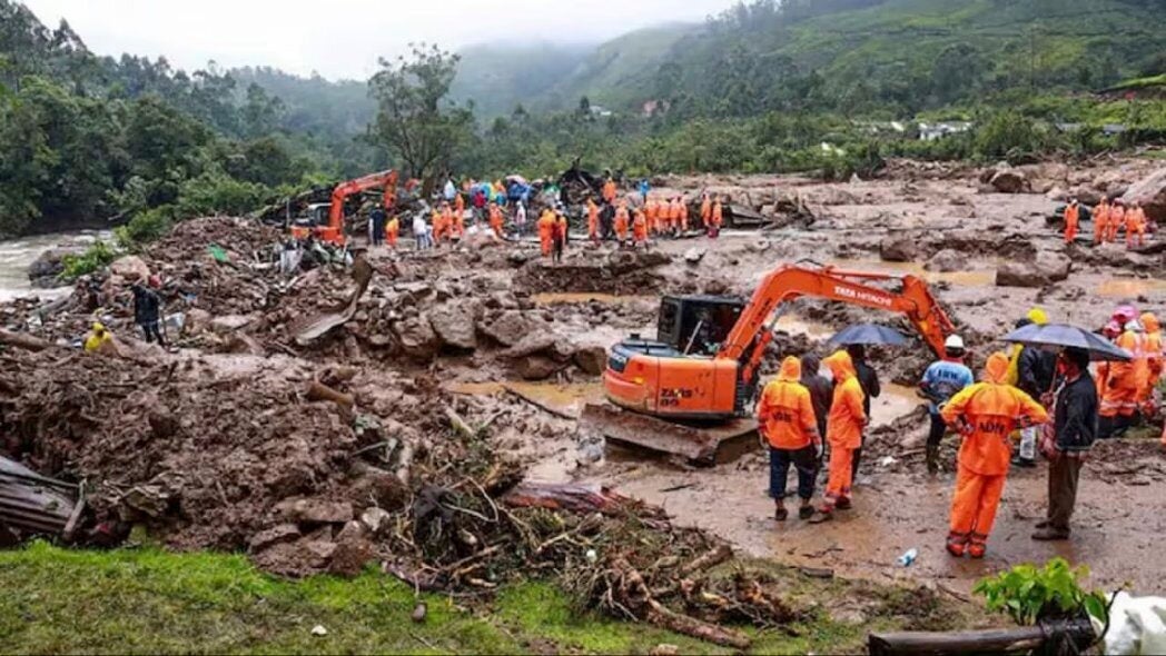 National Disaster Response Force (NDRF) rescuers at a spot after a landslide in Wayanad, southern Kerala state, India