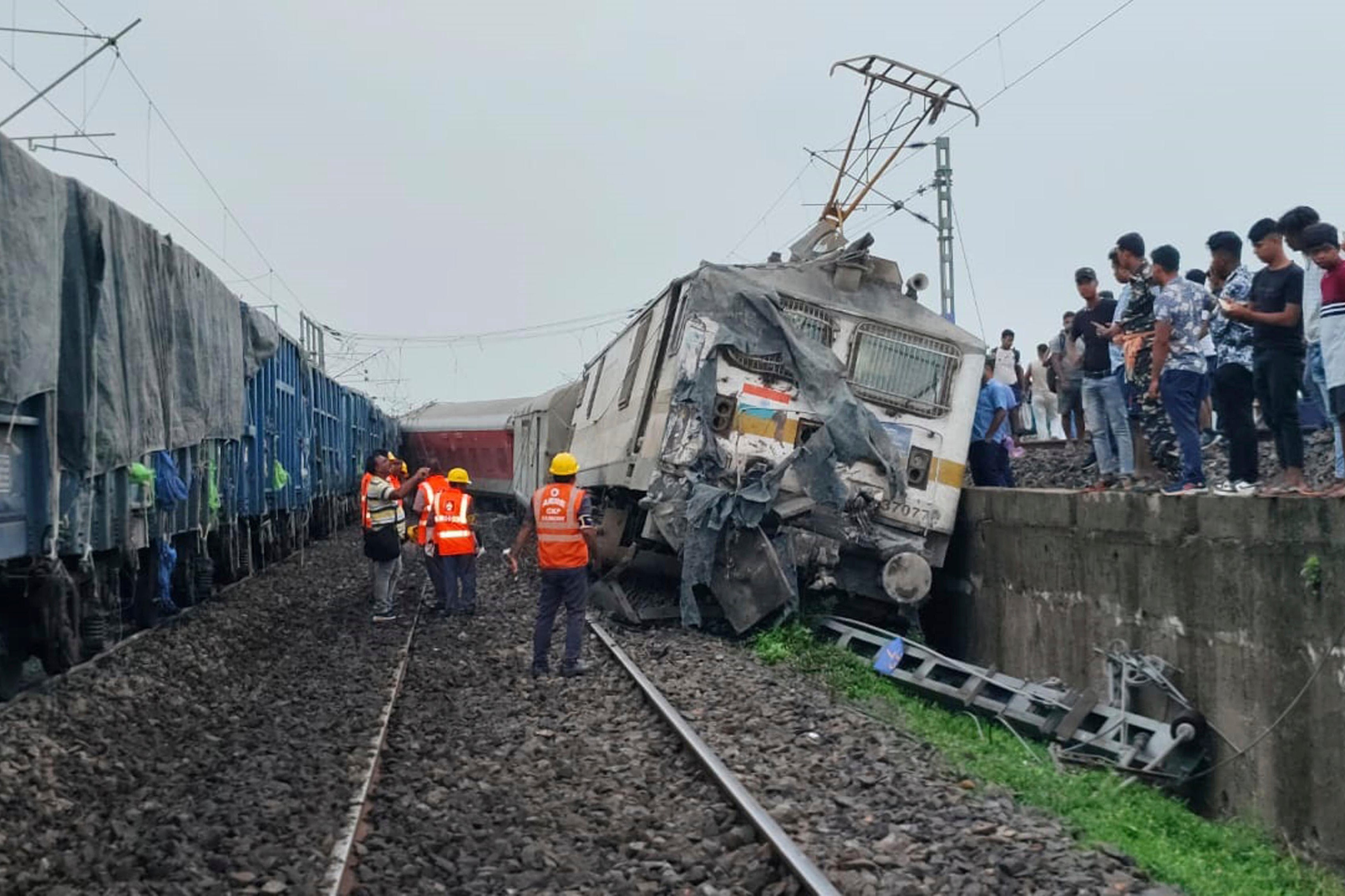 National Disaster Relief Force personnel conduct rescue work after a passenger train derailed near Barabamboo in Jharkhand, India, on 30 July 2024