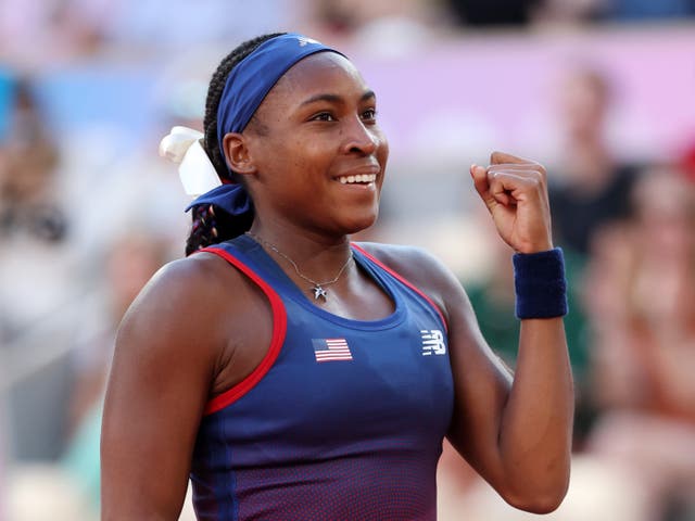 <p>Coco Gauff of Team United States celebrates winning match point against Ajla Tomljanovic of Team Australia during the Women’s Singles first round match on day two of the Olympic Games Paris 2024 at Roland Garros on 28 July 2024 in Paris, France (Matthew Stockman/Getty Images)</p>