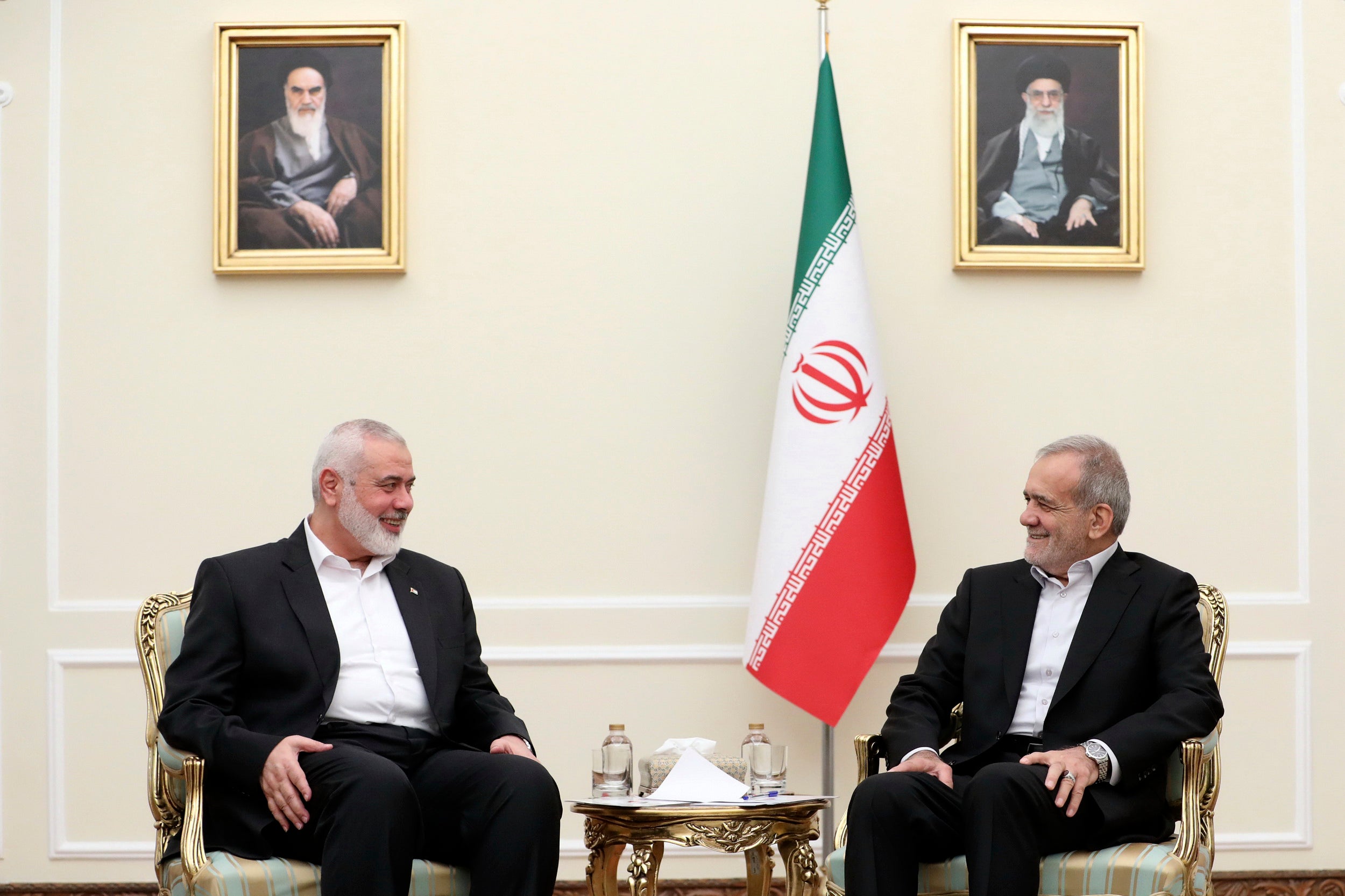 President Masoud Pezeshkian, right, meets Hamas chief Ismail Haniyeh, at the President’s office in Tehran