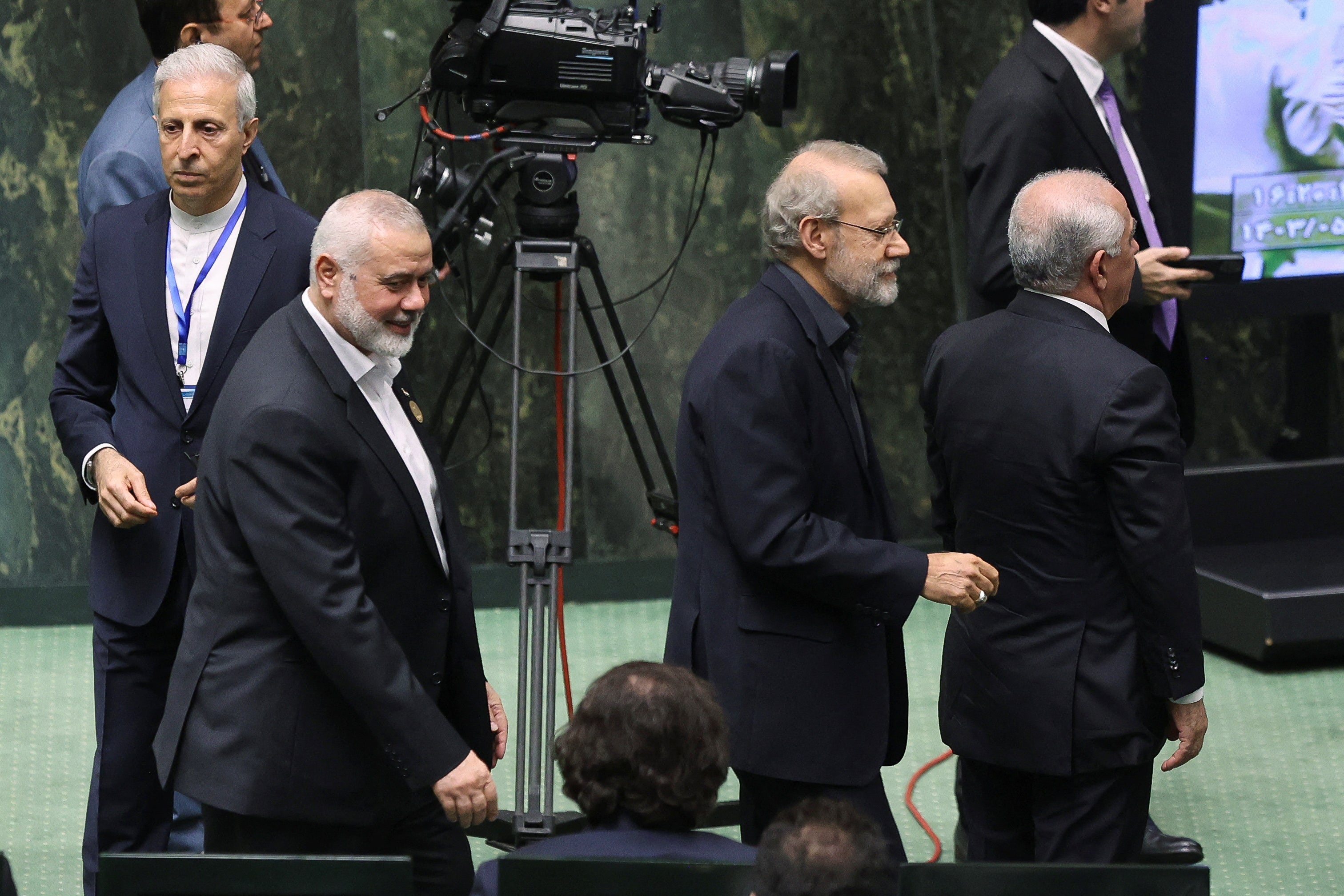 Ismail Haniyeh (second left) attends the swearing-in ceremony of Iran’s new president, Masoud Pezeshkian, at the parliament in Tehran on 30 July