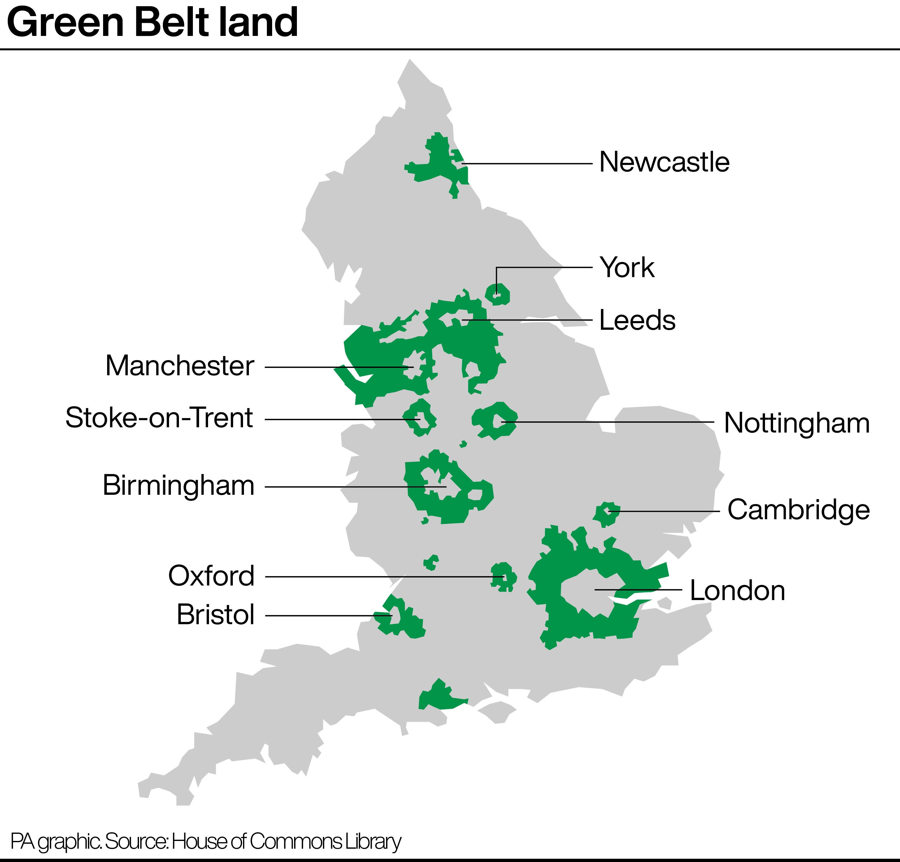 A graphic showing green belt land in England in cities ranging from Newcastle to Bristol