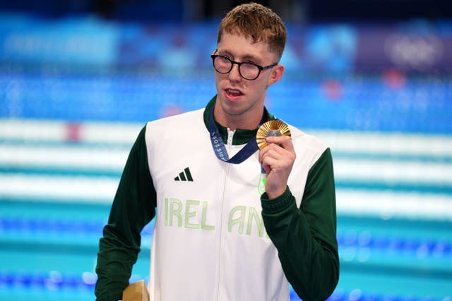 Ireland’s Daniel Wiffen with his gold medal after winning the men’s 800m freestyle final at the Paris La Defense Arena (John Walton/PA)