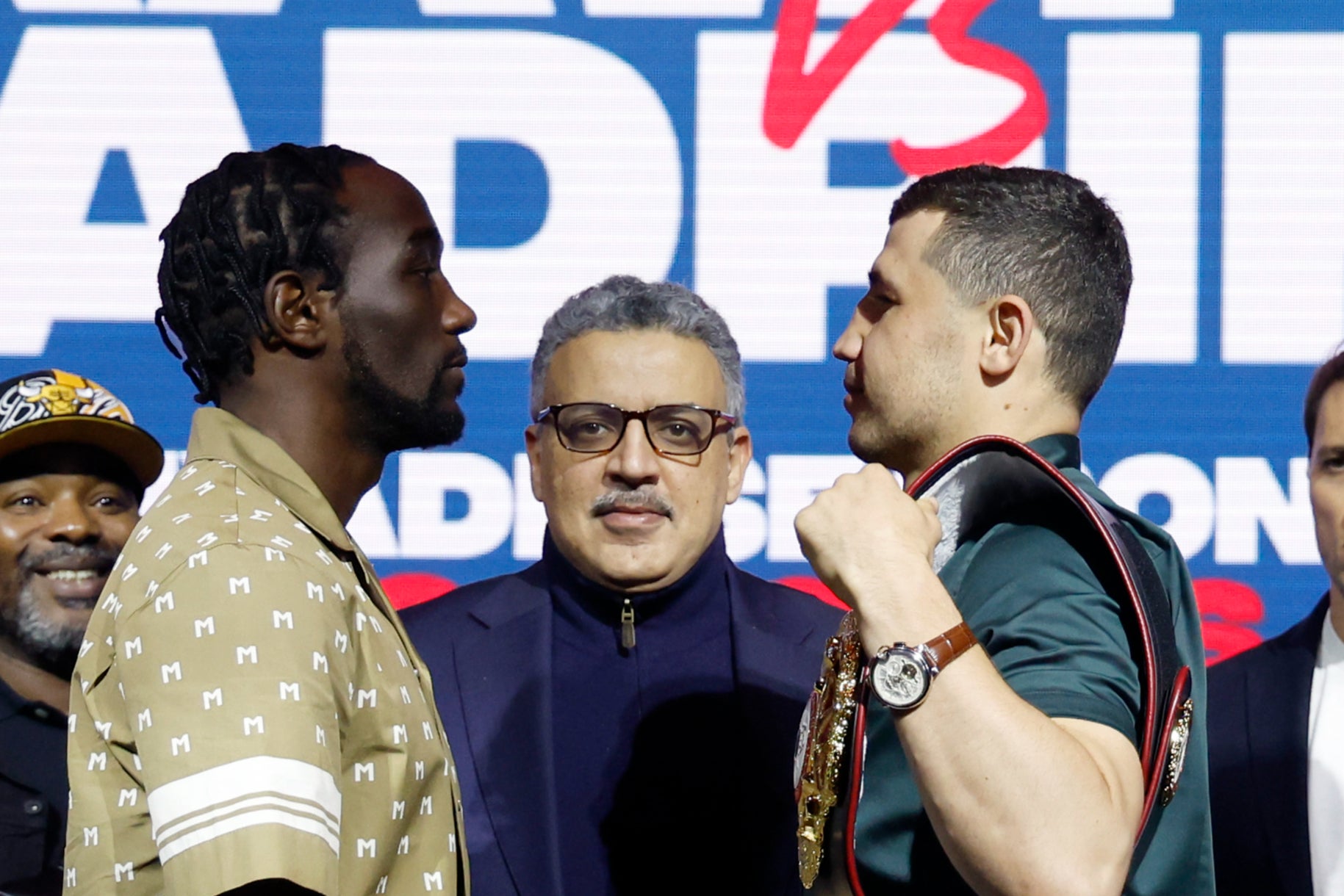 Terence Crawford (left) facing off with Israil Madrimov in April