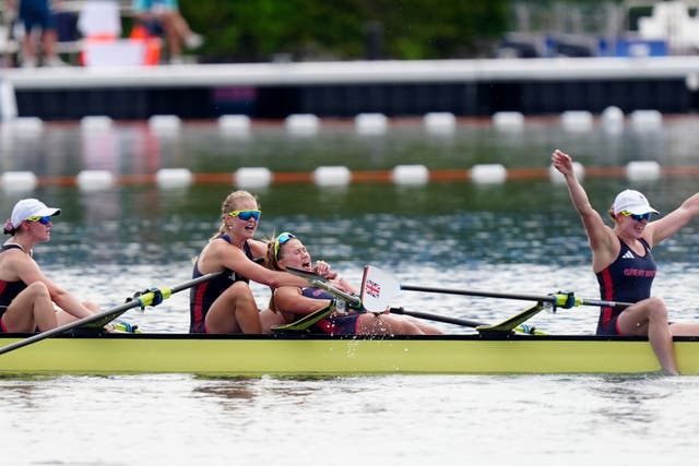 Great Britain’s Lauren Henry, Hannah Scott, Lola Anderson and Georgie Brayshaw celebrate snatching gold in the women’s quadruple sculls final (Mike Egerton/PA).