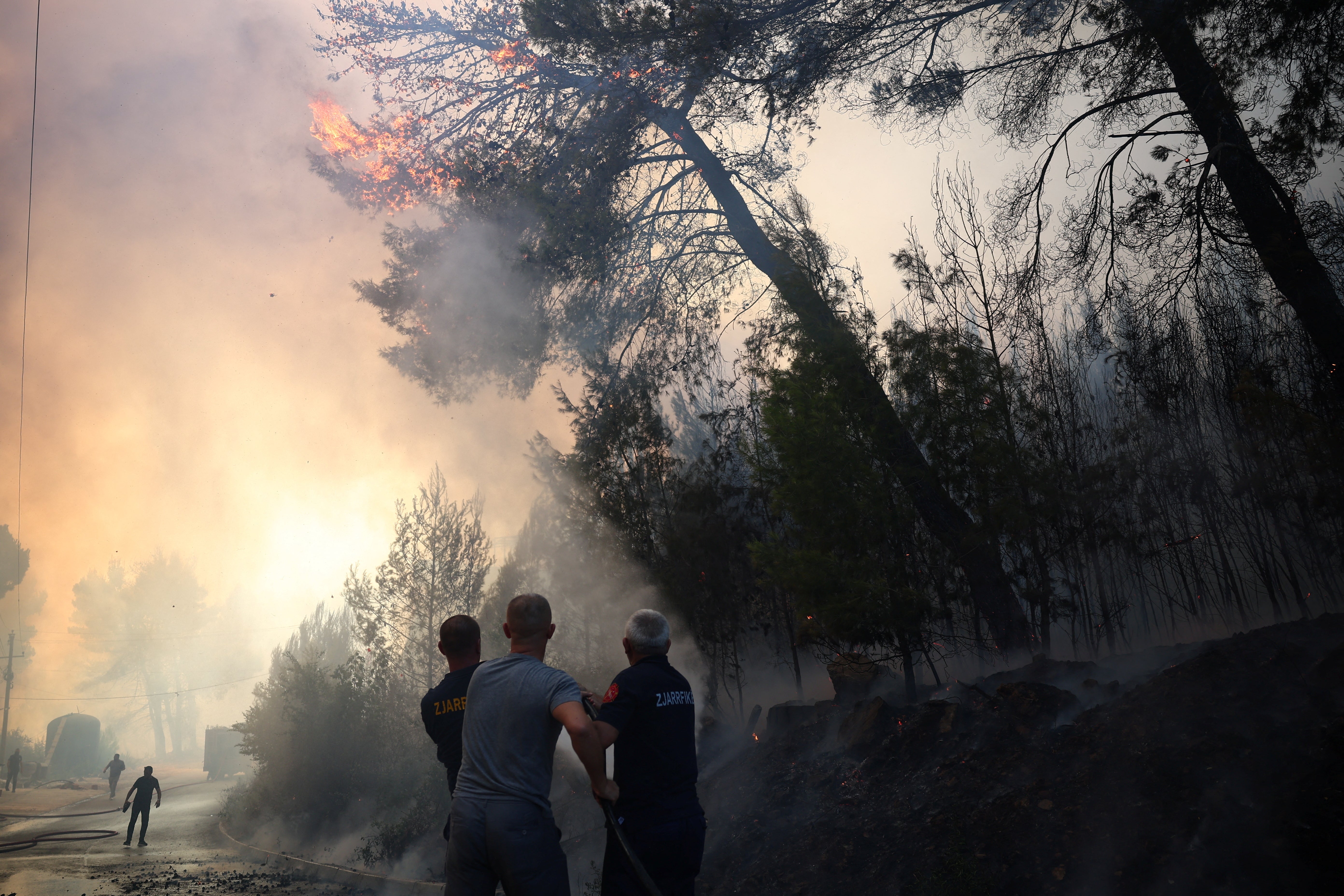 Emergency services work to contain a wildfire in Shengjin, Albania, July 30