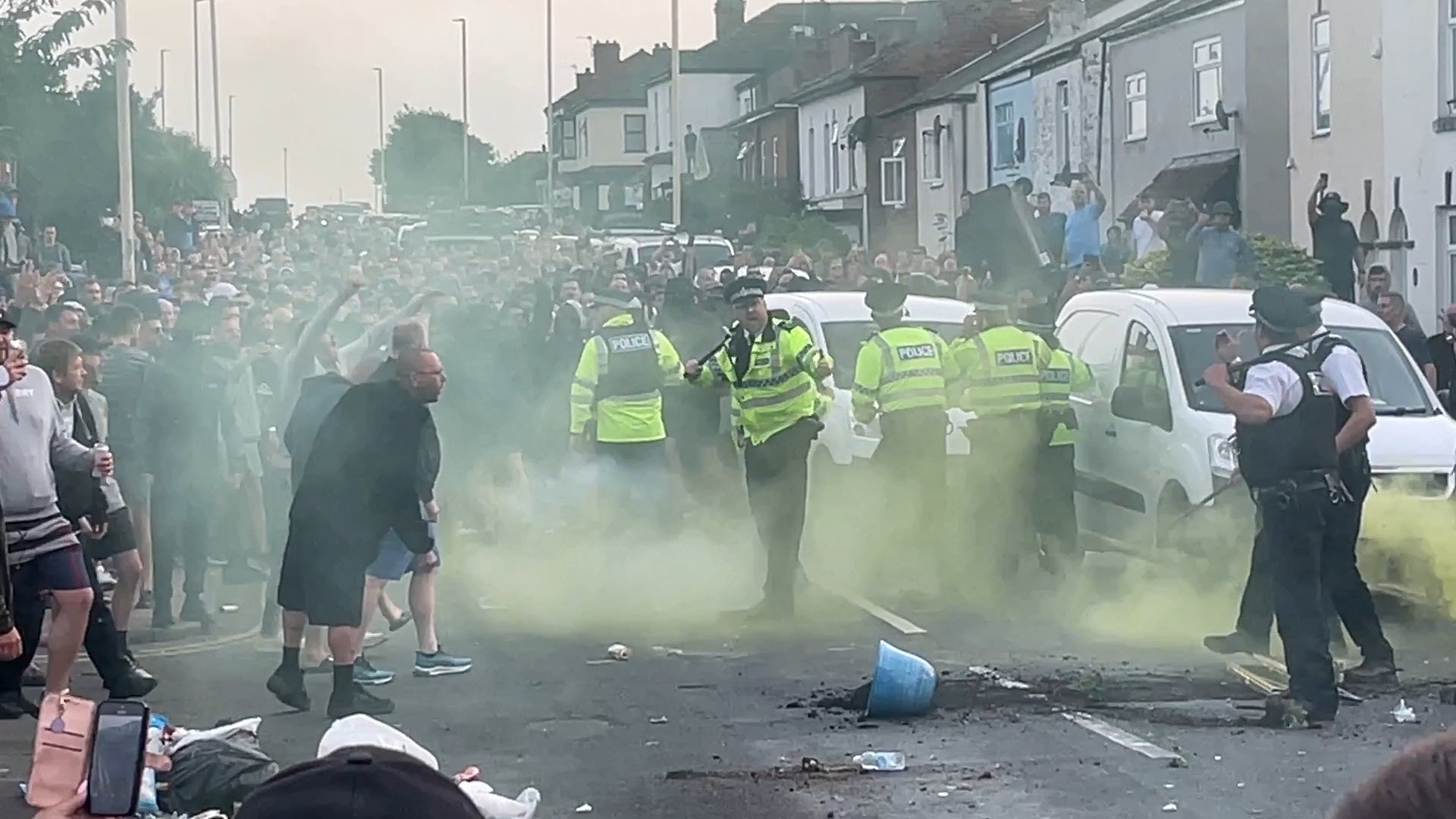 Clashes between protesters and the police flared on Tuesday in Southport (Richard McCarthy/PA)