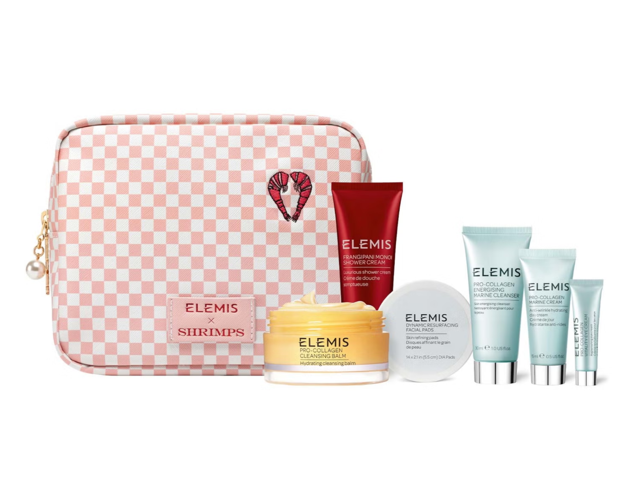 The collaboration features six products plus an exclusive Elemis x Shrimps beauty bag