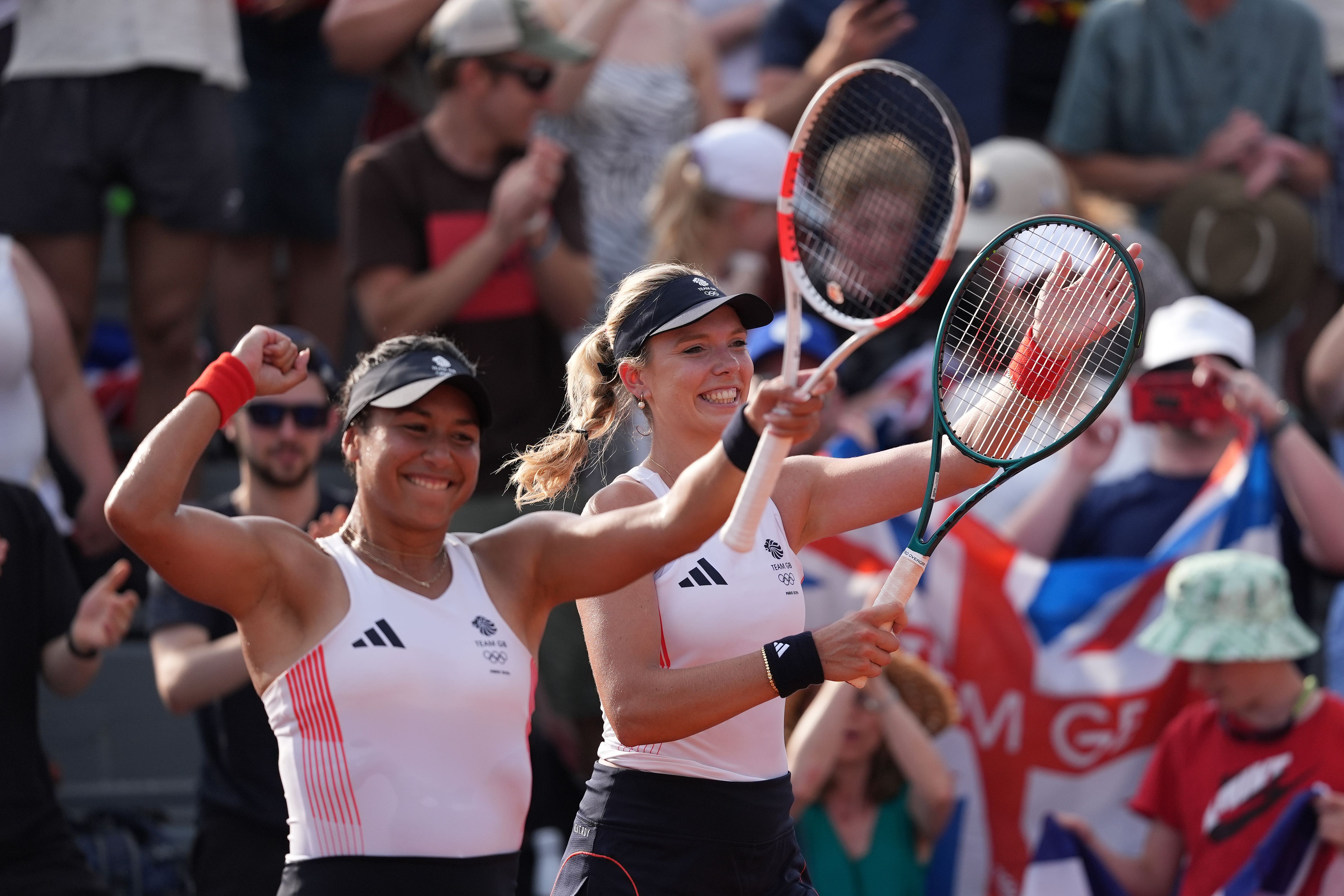 Heather Watson, left, and Katie Boulter are through to the women’s doubles quarter-finals (Martin Rickett/PA)