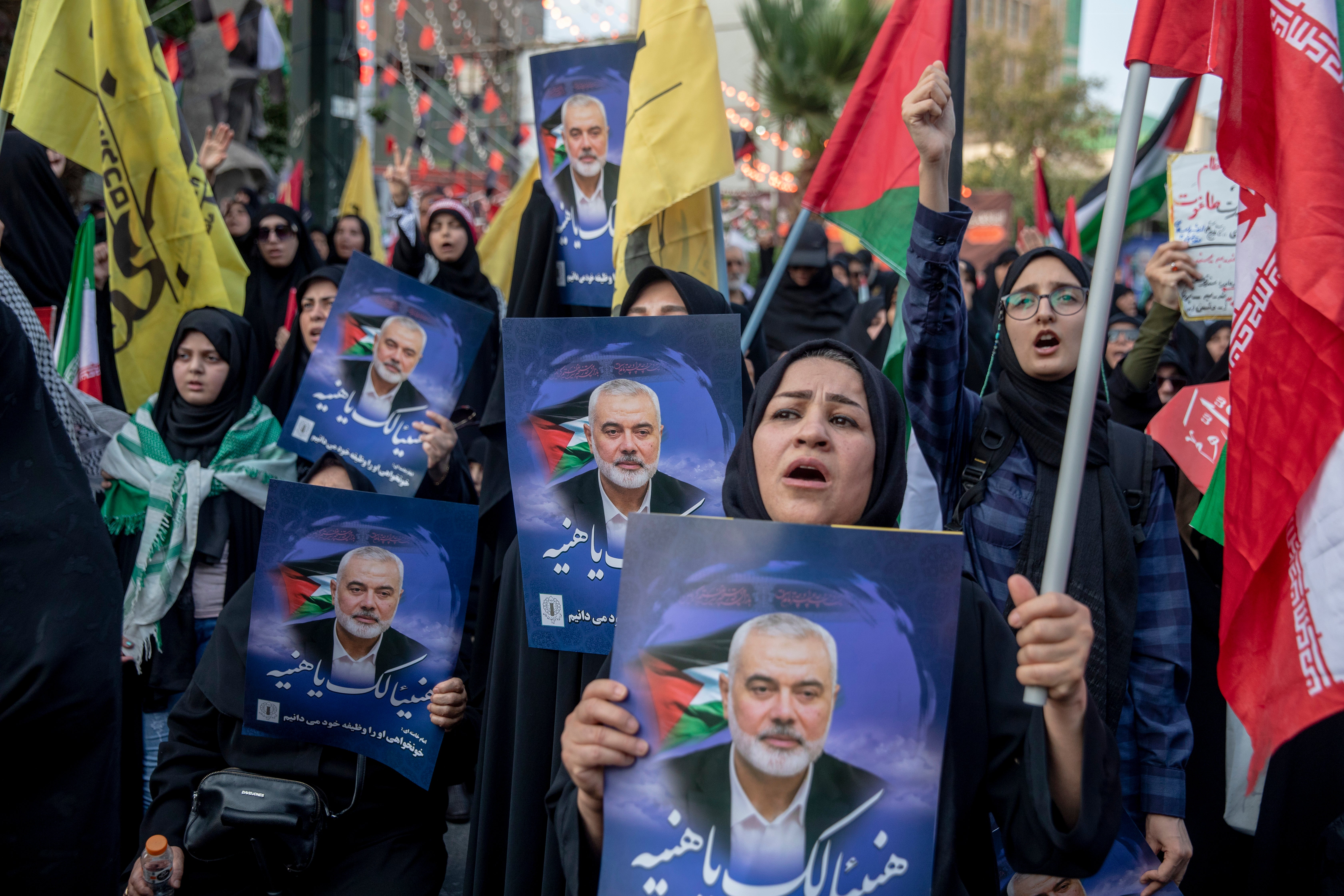 Protesters in Iran’s capital demonstrate against Israel after the killing of a Hamas leader in the Iranian capital city