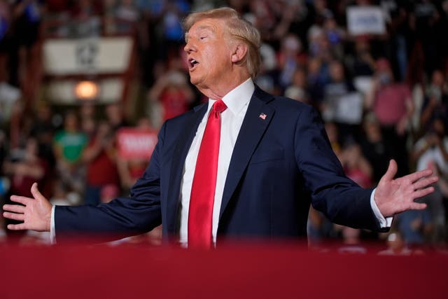 <p>Republican presidential candidate former President Donald Trump speaks at a campaign rally, Wednesday, July 31, 2024, in Harrisburg, Pa</p>