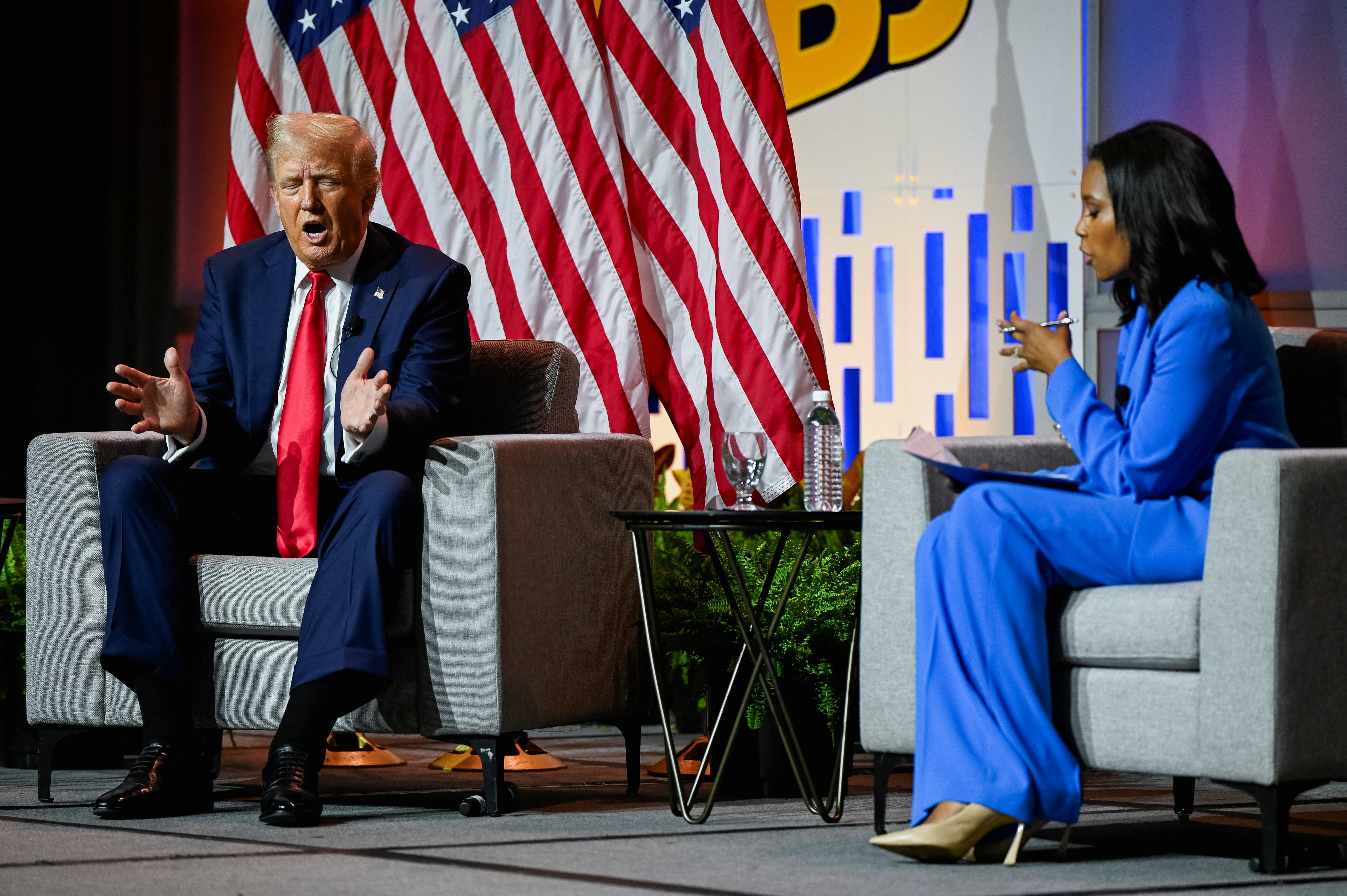 Republican presidential nominee Donald Trump speaks on a panel at the National Association of Black Journalists (NABJ) convention in Chicago, Illinois, on July 31, 2024