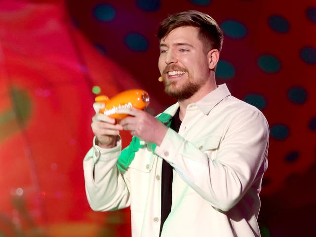 <p>MrBeast accepts the Favourite Male Creator award onstage during the 2023 Nickelodeon Kids’ Choice Awards at Microsoft Theater on 4 March 2023 in Los Angeles</p>