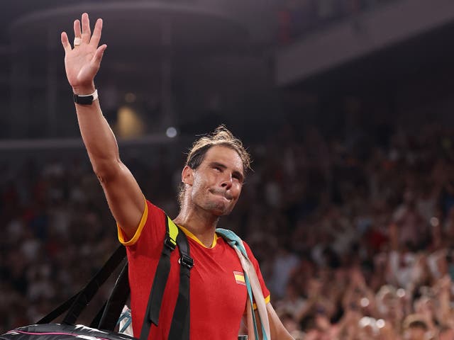 <p>Rafael Nadal of Team Spain acknowledges the crowd as he leaves the court</p>