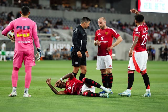 <p>Marcus Rashford went down injured during Man United’s pre-season game against Real Betis </p>