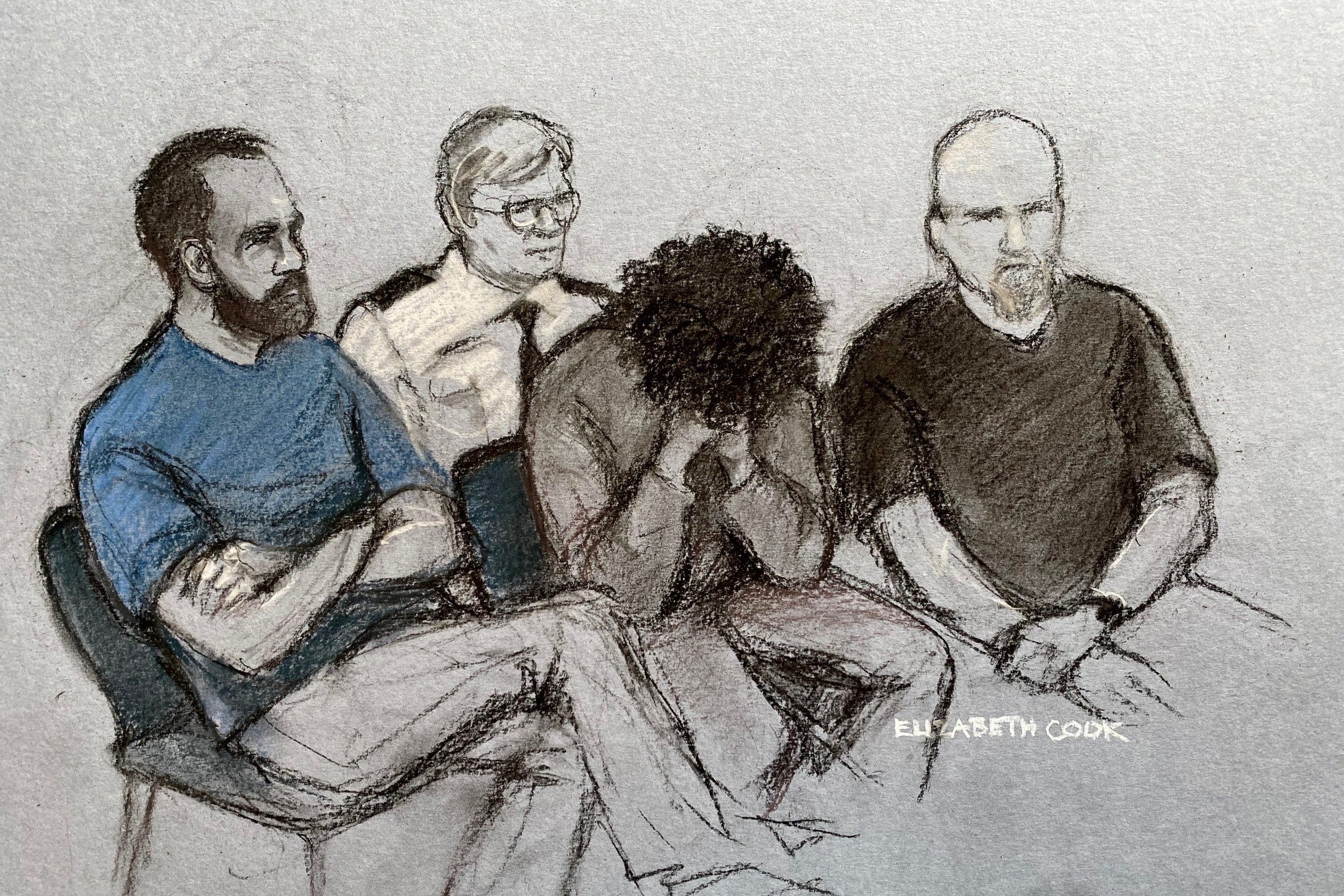 Court artist drawing by Elizabeth Cook of 17-year-old Axel Rudakubana (centre) at Liverpool Crown Court