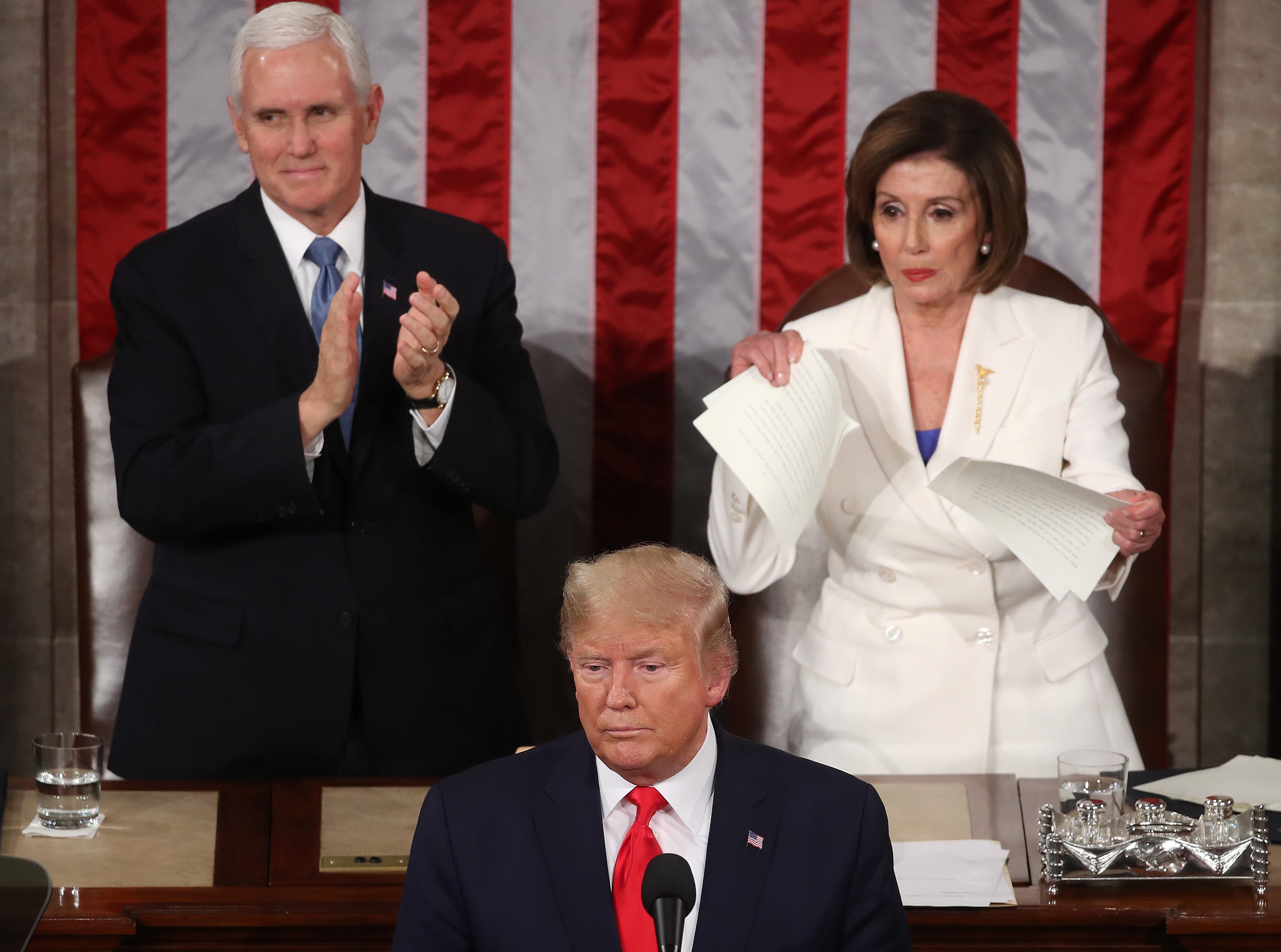 House Speaker Rep. Nancy Pelosi (D-CA) rips up pages of the State of the Union speech after then-President Donald Trump finishes his State of the Union speech in the chamber of the U.S. House of Representatives in 2020 Pelosi writes in a new memoir that medical professional shared their concern with her in 2019 that Trump’s mental health ‘was in decline’