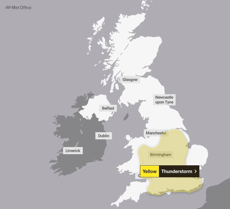 A yellow weather warning for today (Thursday) covers large parts of the south