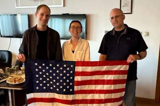 <p>L-R: Evan Gershkovich, Alsu Kurmasheva, and Paul Whelan in first pic released after their release in a prisoner swap between Russia and several countries including the US </p>