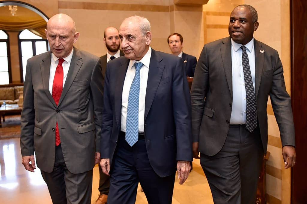 Foreign Secretary David Lammy (right) was joined by Defence Secretary John Healey (left) and Speaker of the Lebanese parliament Nabih Berri (FCDO/PA)