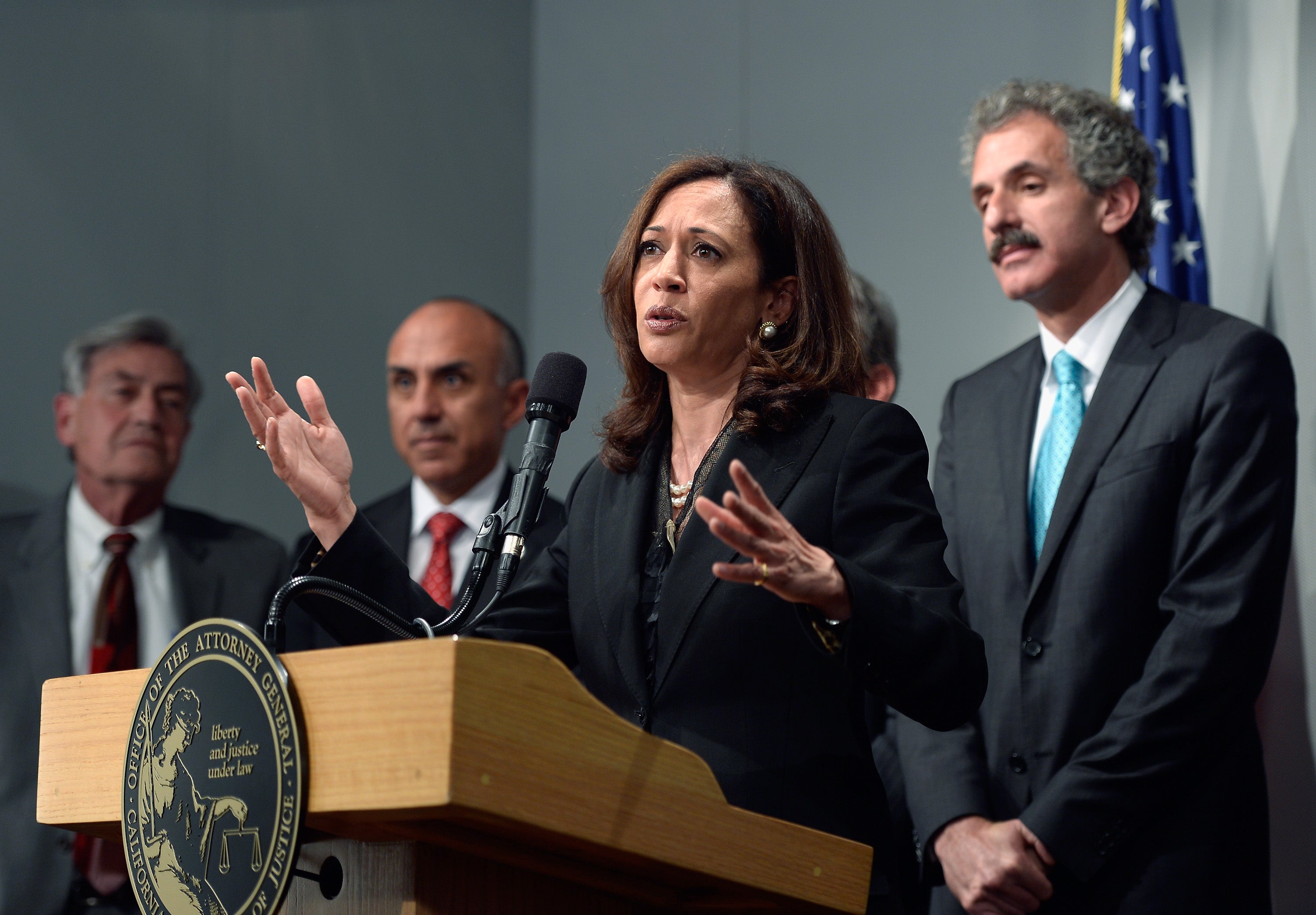 California Attorney General Kamala Harris speaks at a news conference on May 17, 2013 at the Los Angeles Civic Center in Los Angeles