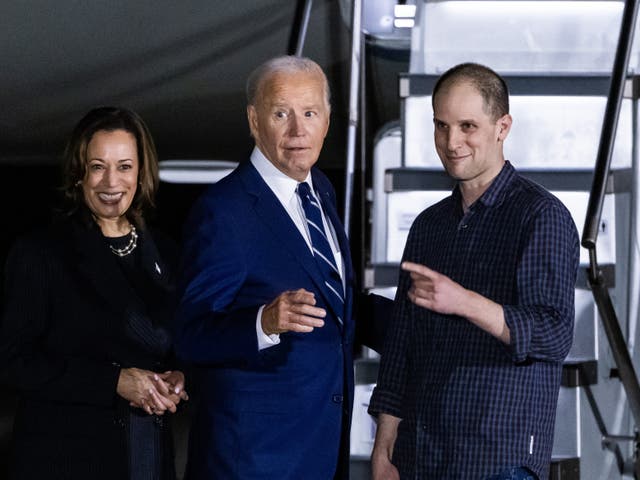 <p>President Joe Biden and Vice President Kamala Harris greet Wall Street Journal reporter Evan Gershkovich after his arrival in the US following a 26-person prisoner swap between Russia, the US and five other countries, at Andrews Air Ba.</p>