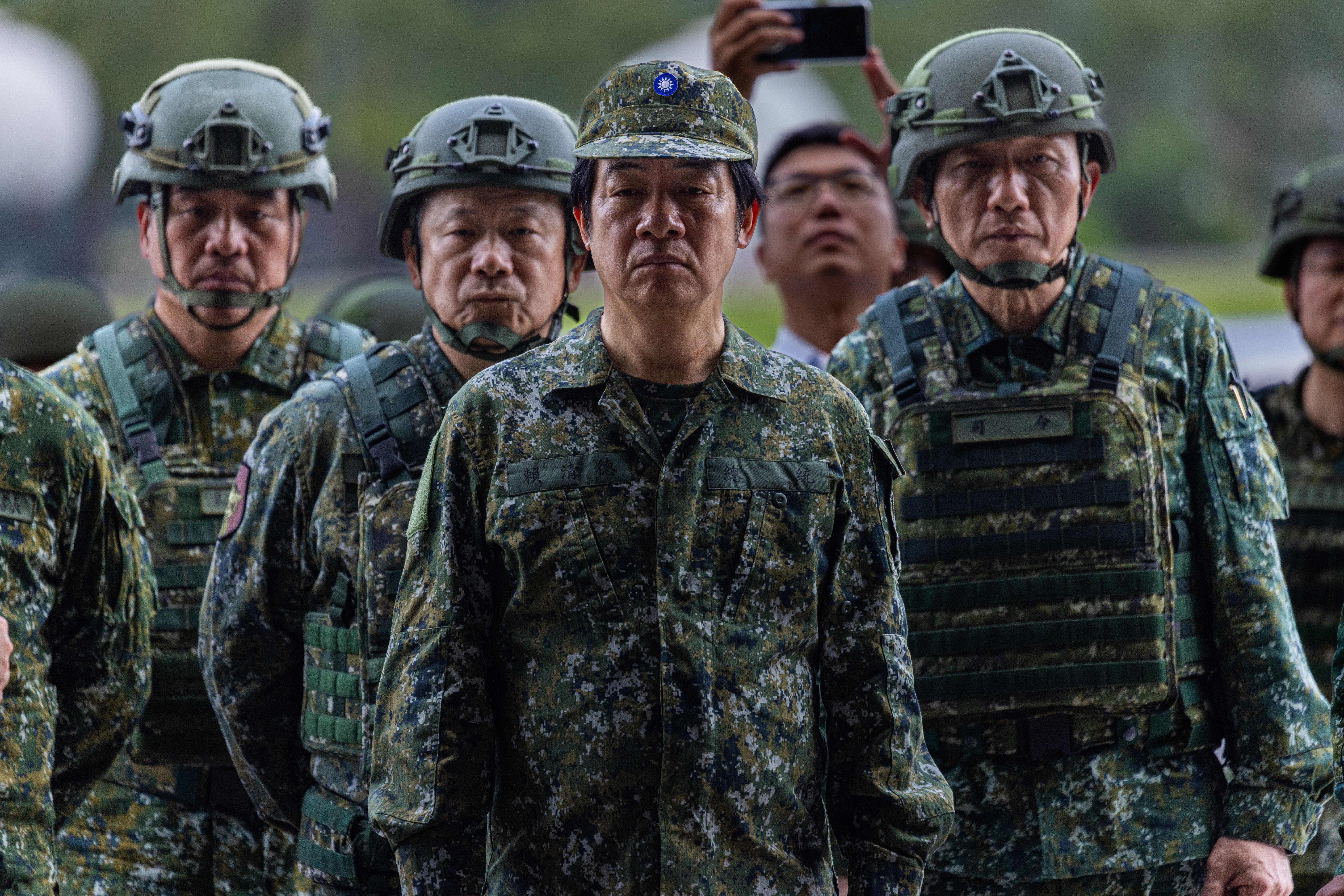 Taiwan president Lai Ching-te inspects an exercise of casualty triage and medical care during Han Kuang military drills at Hualien Air Force Base in July