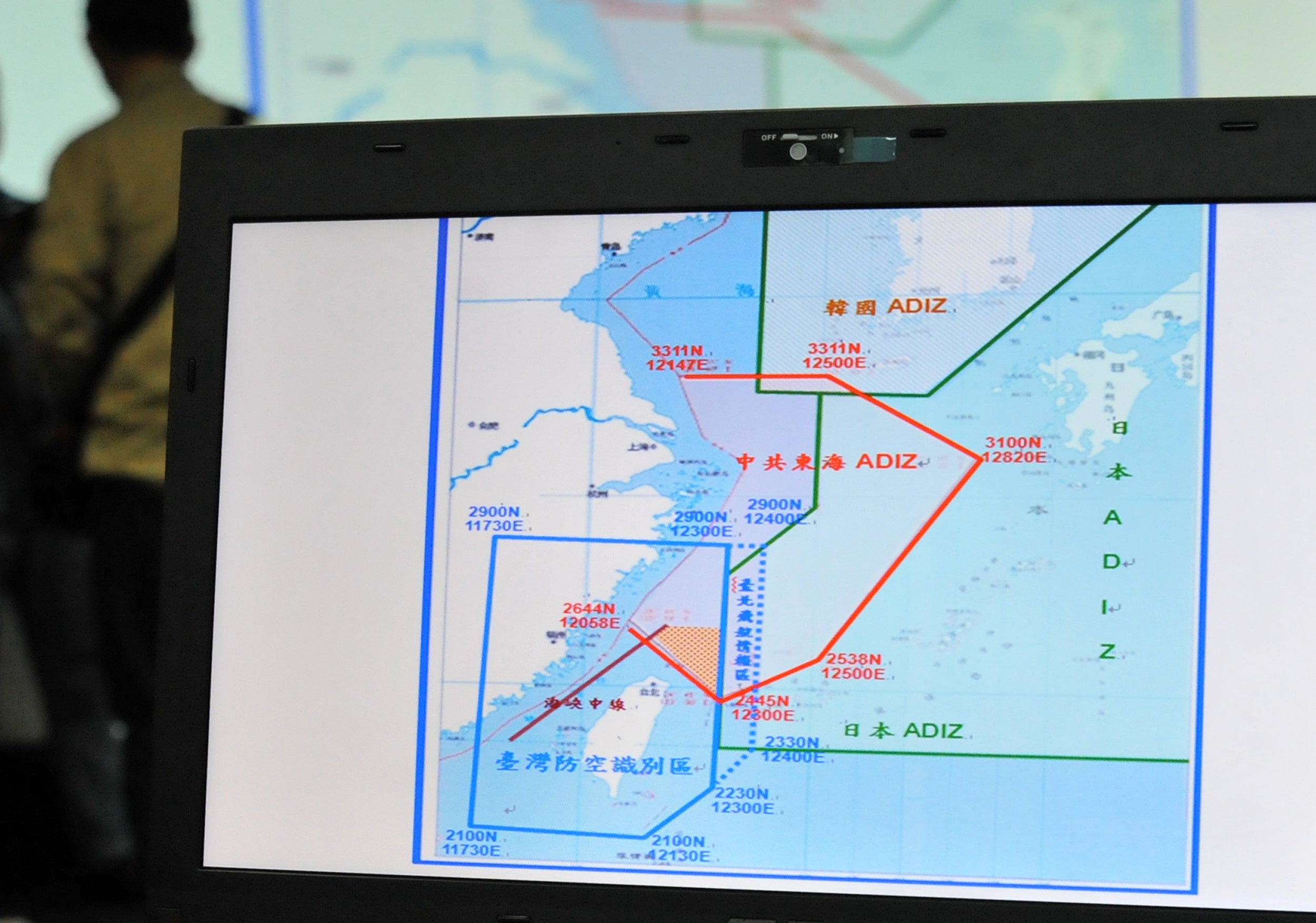 A map of Air Defence Identification Zone (ADIZ) in the East China Sea is displayed during a press conference in Taipei