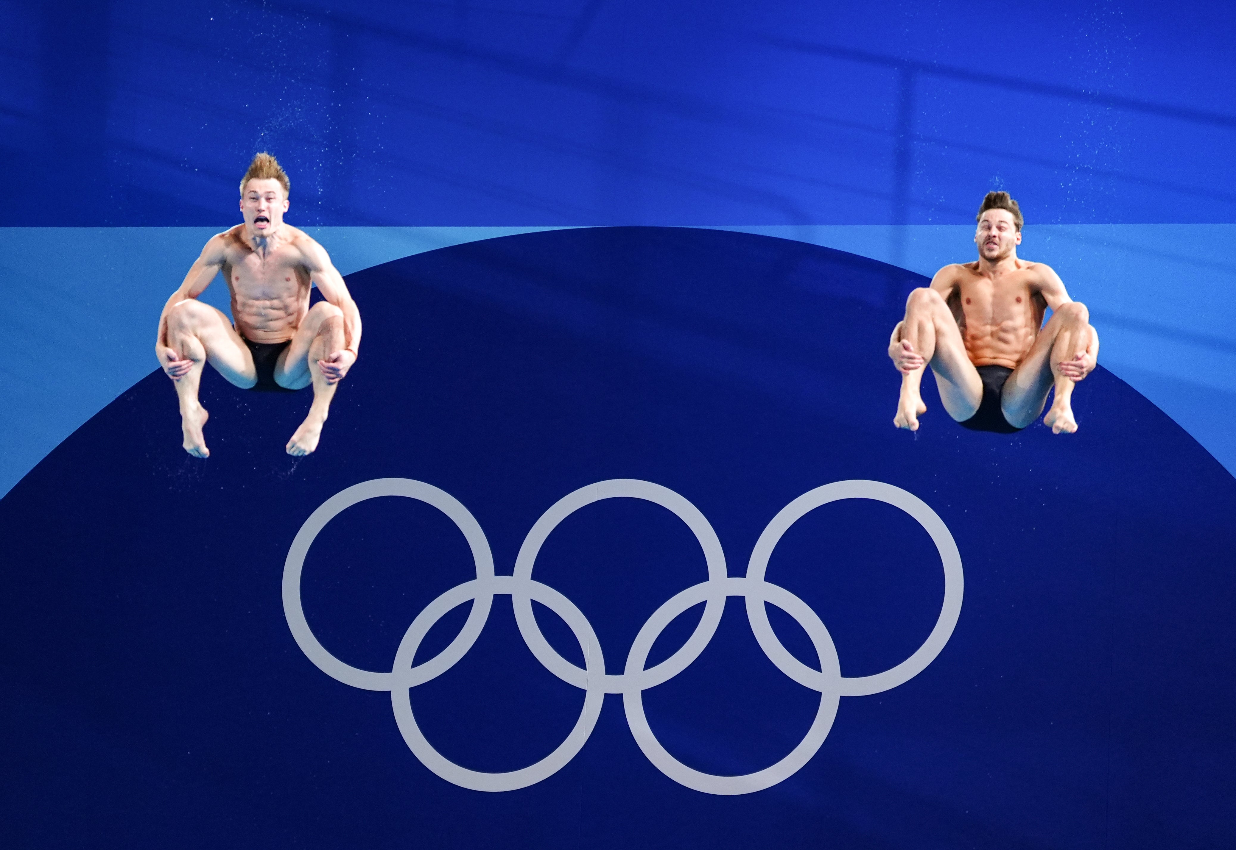 Jack Laugher, left, and Anthony Harding in action in the men’s 3m synchro final