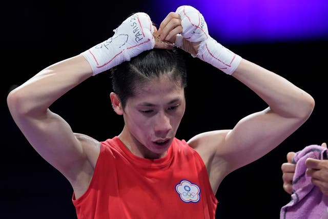 <p>Taiwan's Lin Yu-ting after fighting Uzbekistan's Sitora Turdibekova</p>