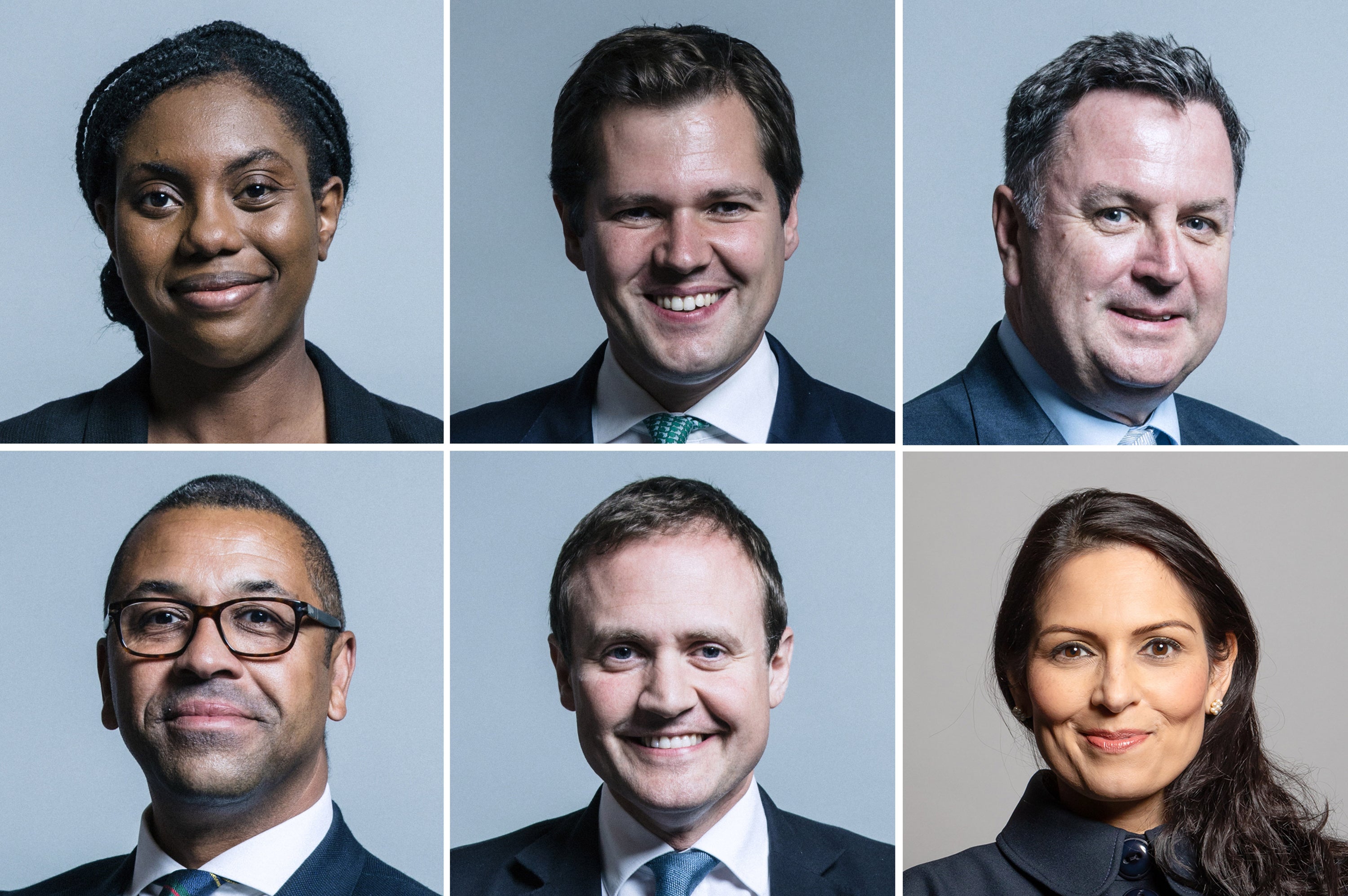 Conservative leadership candidates (clockwise from top left) Kemi Badenoch, Robert Jenrick, Mel Stride, Priti Patel, Tom Tugendhat and James Cleverly