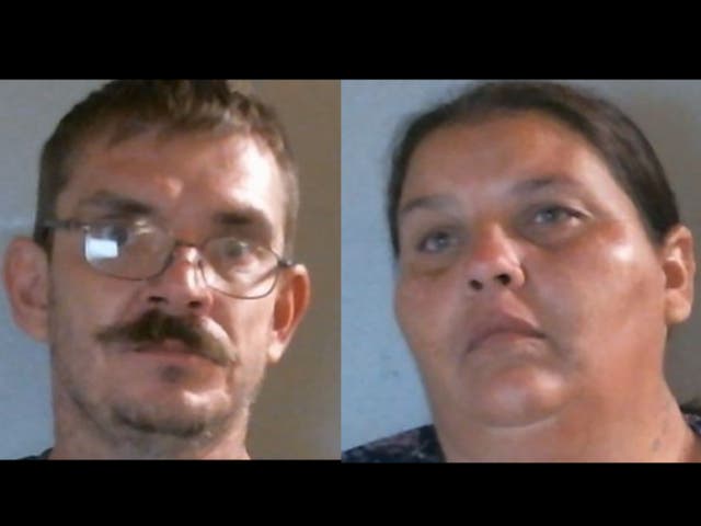 <p>Johnny James, 40, left, and Kayla Clark, 42, right, were arrested by Washington County Sheriff’s deputies on a charge of child neglect after James allegedly tied his 15-year-old daughter to a tree in his backyard for repeatedly soiling herself</p>