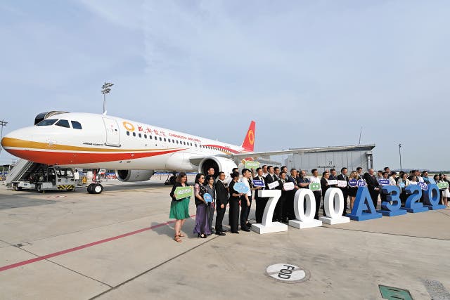 <p>The 700th A320 aircraft is delivered at the Airbus final assembly line in Tianjin in July</p>