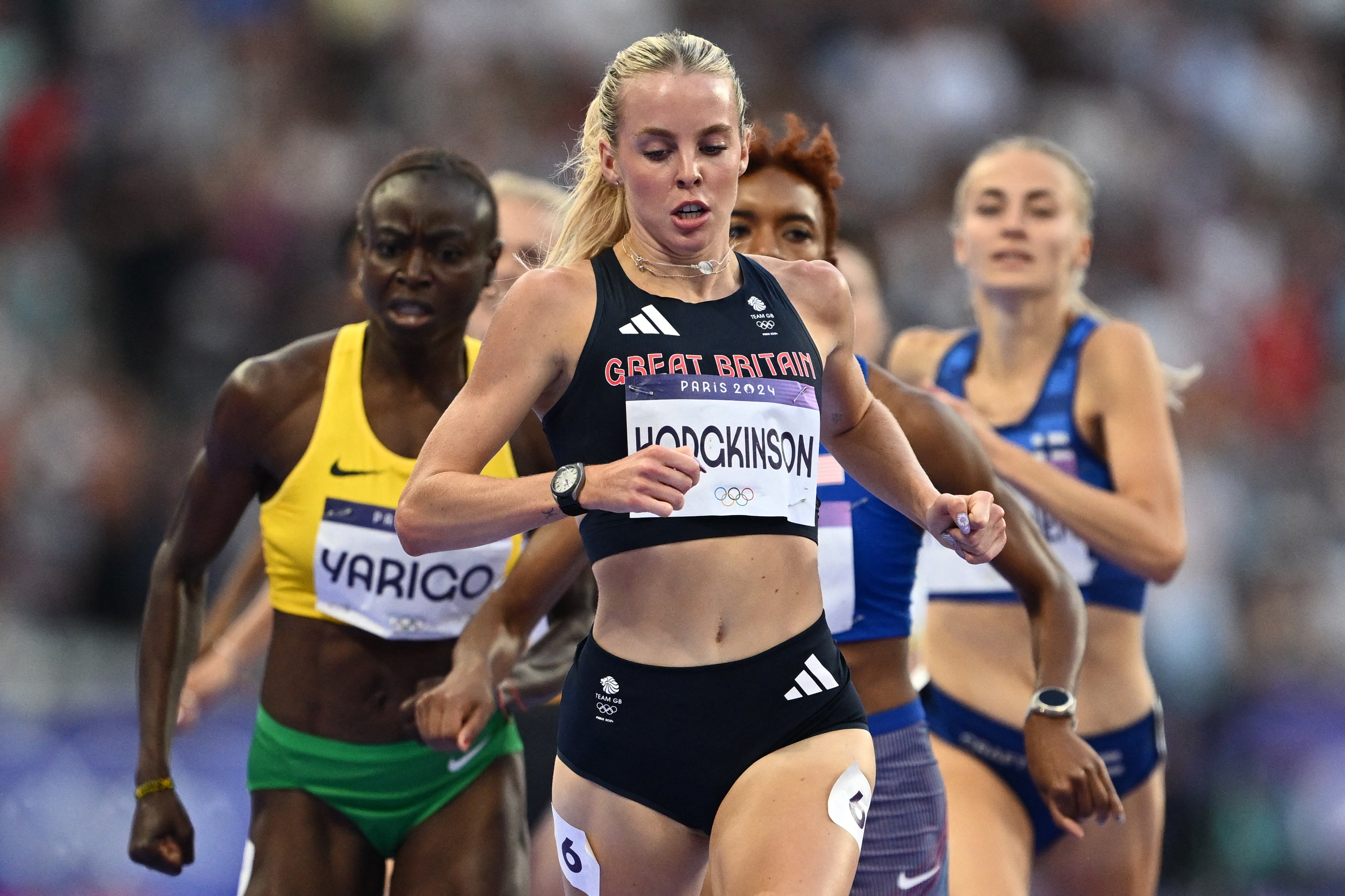 Britain’s Keely Hodgkinson crosses the finish line