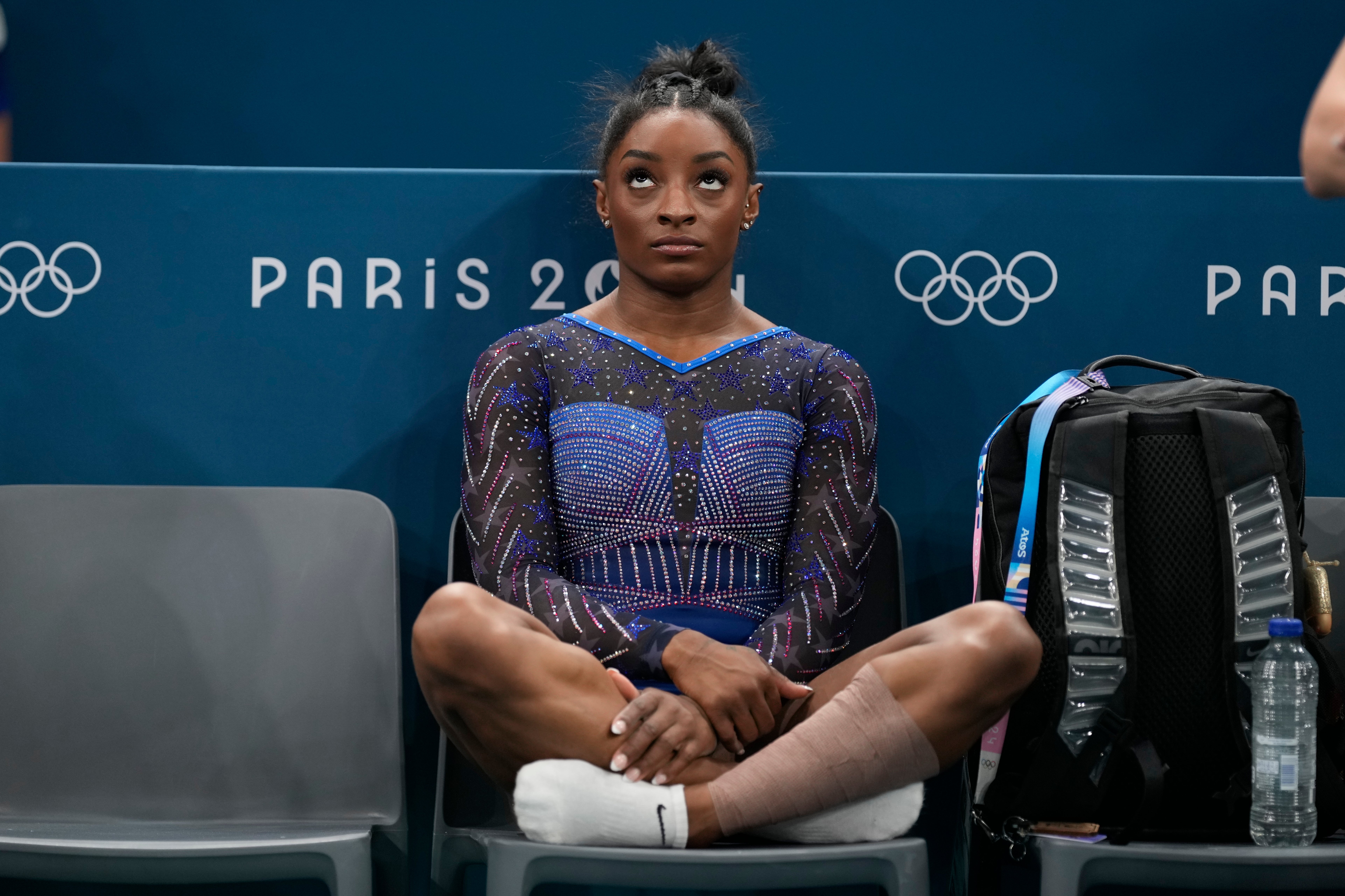 Simone Biles, of the United States, is seen during the women's artistic gymnastics all-around finals in Bercy Arena at the 2024 Summer Olympics on Thursday in Paris.