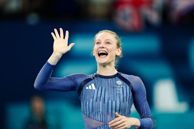 Great Britain’s Bryony Page celebrates winning a gold medal in the women’s trampoline (Mike Egerton/PA).