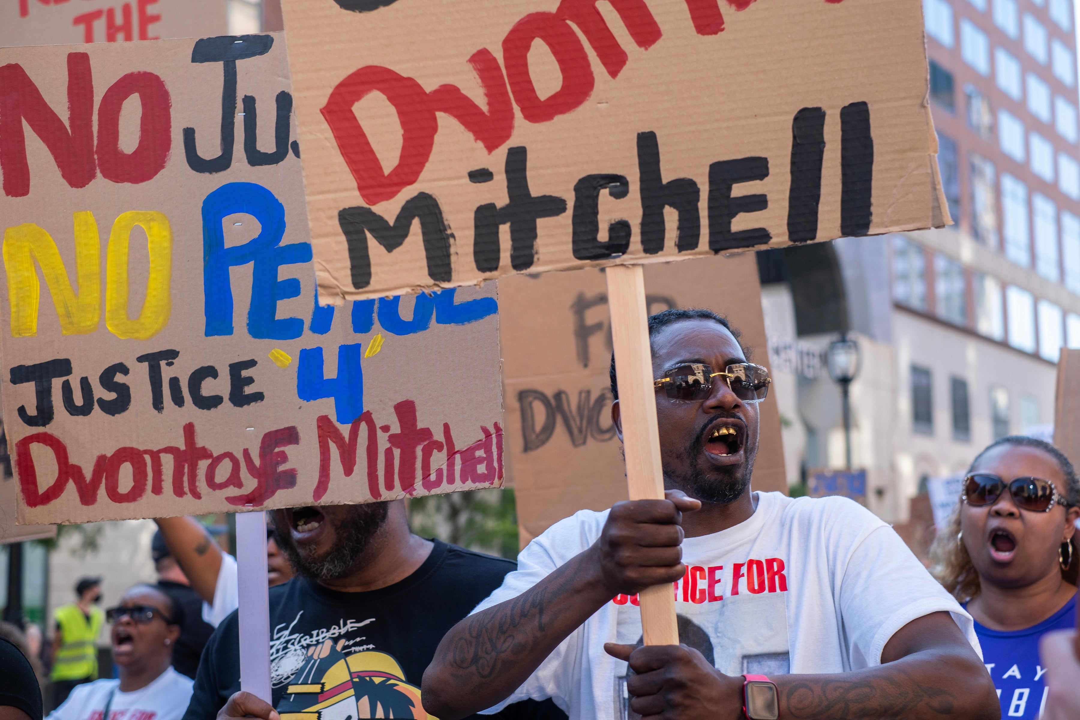 Protesters call for justice for D'Vontaye Mitchell during a march through the streets as the RNC continues on July 18, 2024 in Milwaukee, Wisconsin