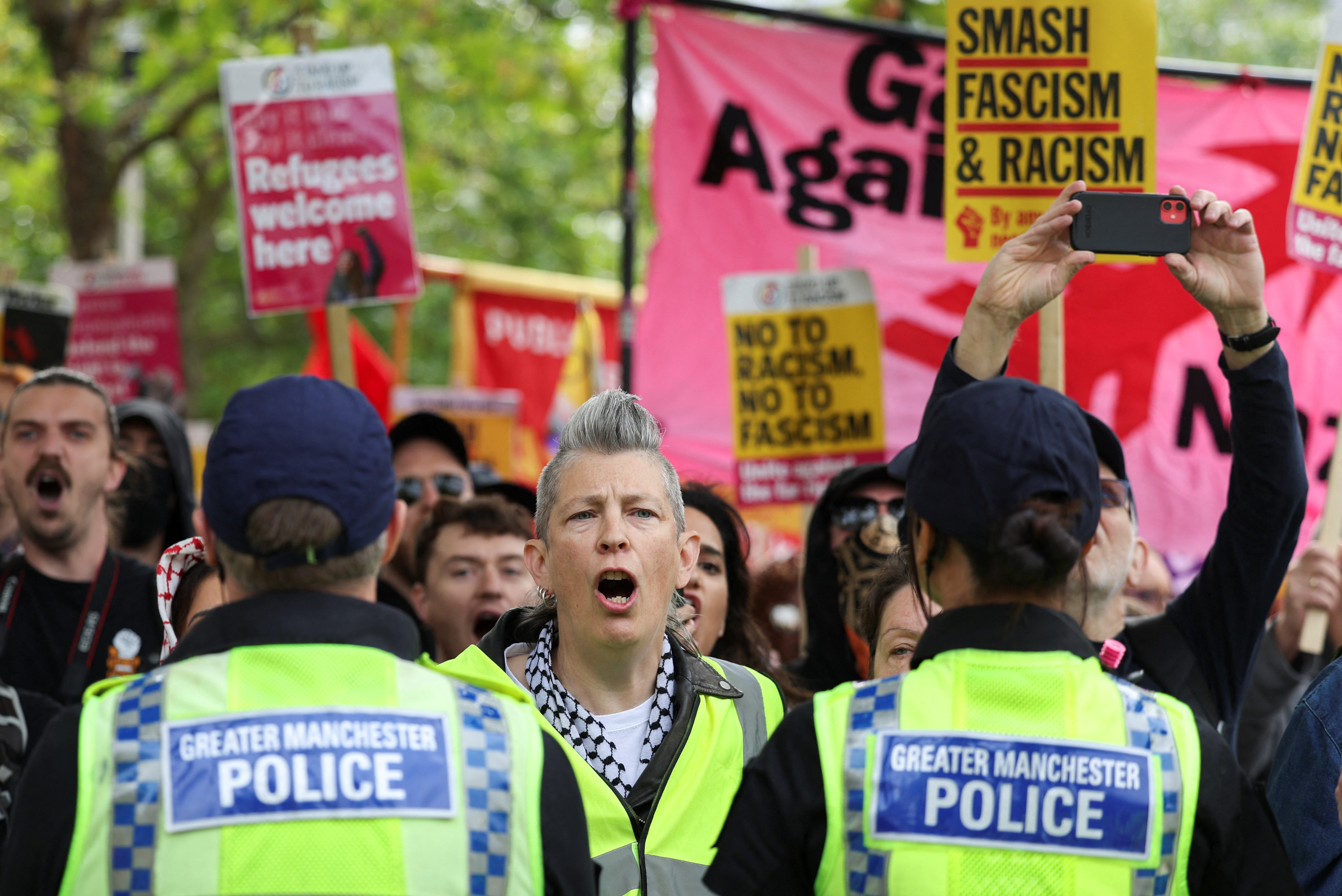 The far-right protest has been met by anti-racist campaigners in Manchester