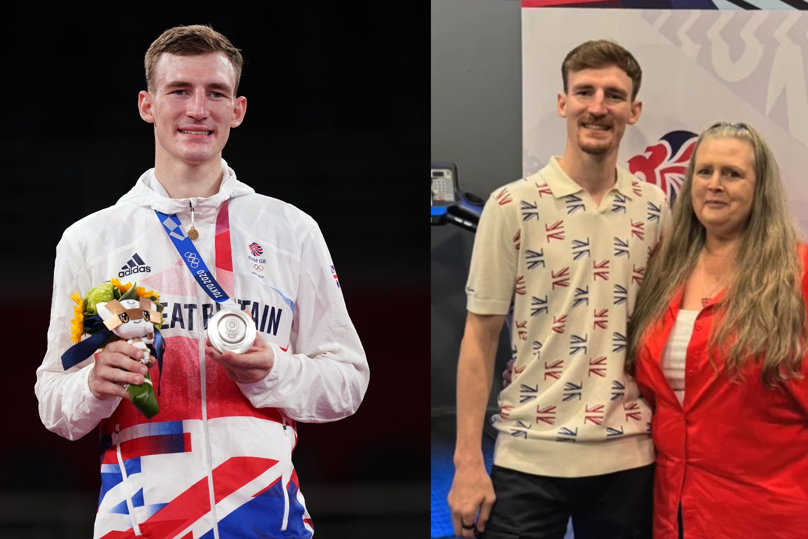 Bradly Sinden with an Olympic silver medal and (right) with his mother Sheryl (Mike Egerton/PA and Jodie Sinden)