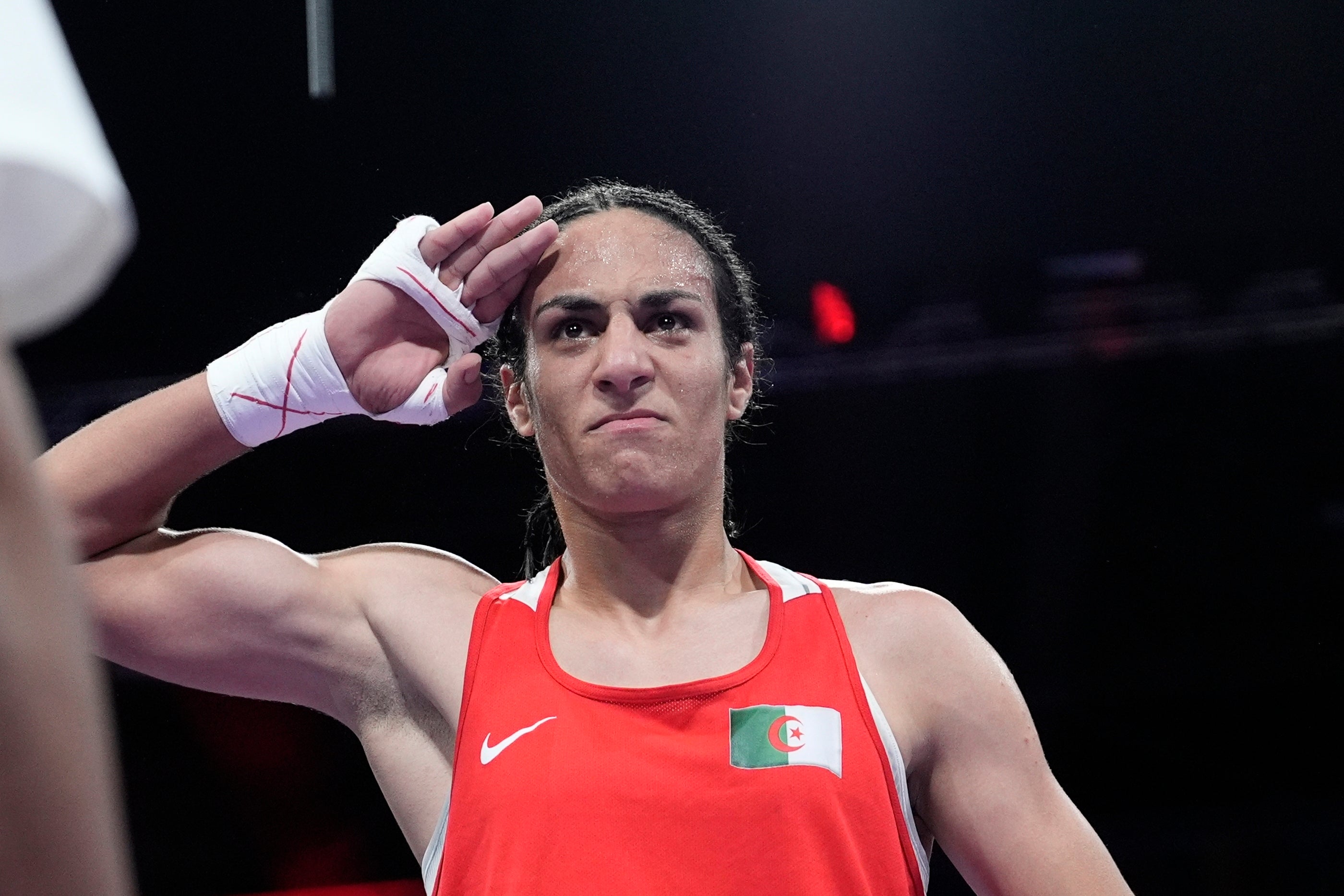 Khelif celebrates after defeating Hungary’s Anna Hamori