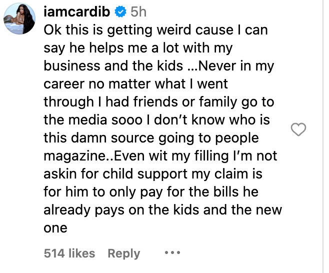 Cardi B denies allegations that Offset was unsupportive before divorce