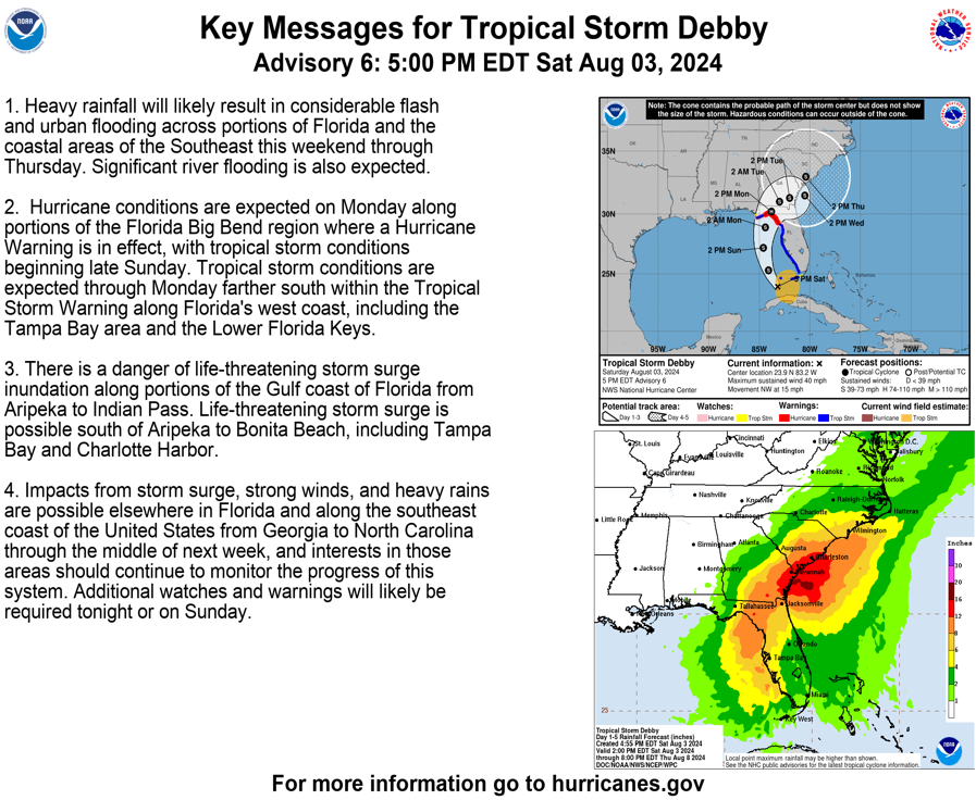 Tropical Storm Debby, mapped by the National Weather Service, will make landfall on Monday