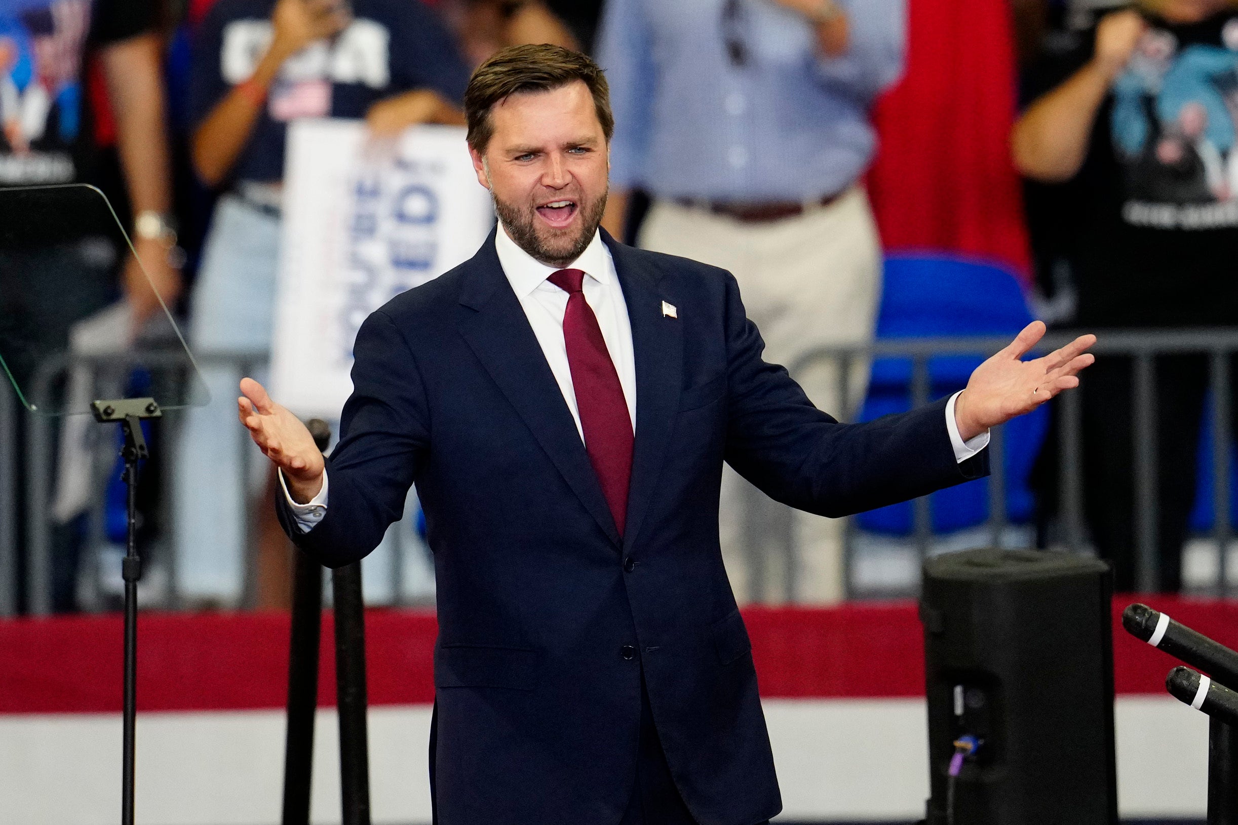 JD Vance at a campaign rally in Atlanta on August 3. His recent financial disclosures reveal diverse investments, including a right-wing streaming service, a controversial biotechnology company and a popular Catholic prayer app