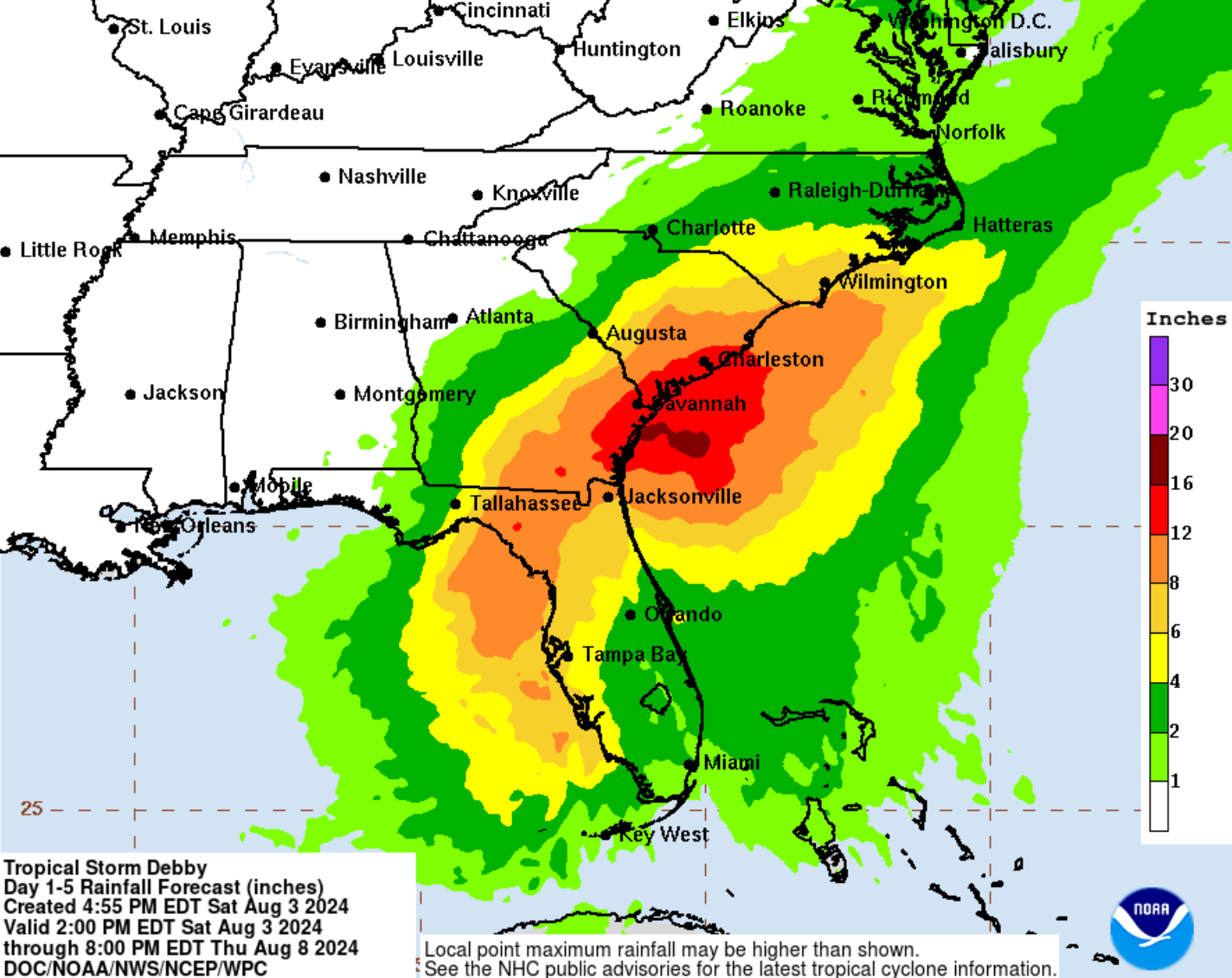 A map of expected rainfall from Tropical Storm Debby