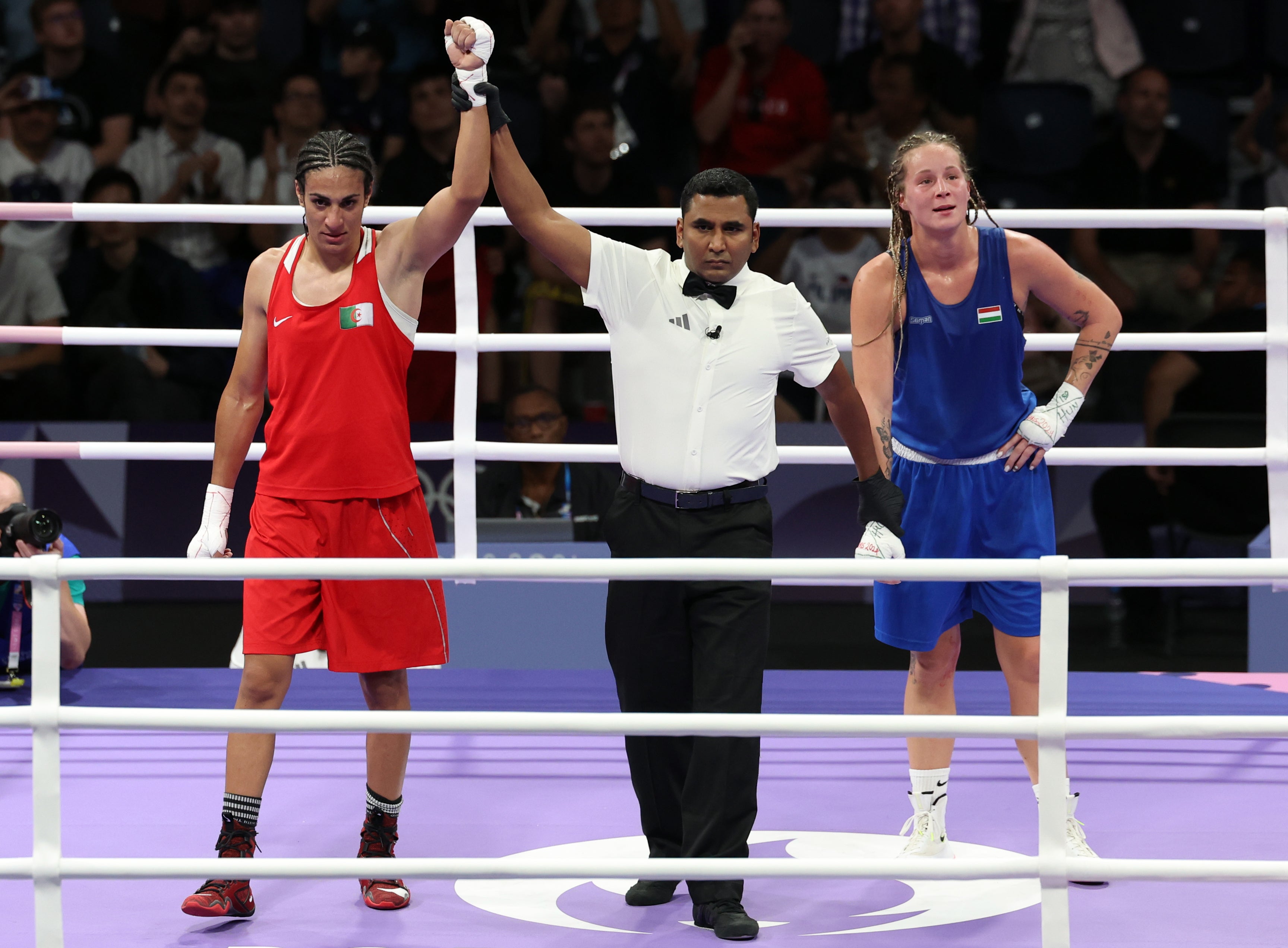 Imane Khelif (left) also won her bout on Saturday (Isabel Infantes/PA)