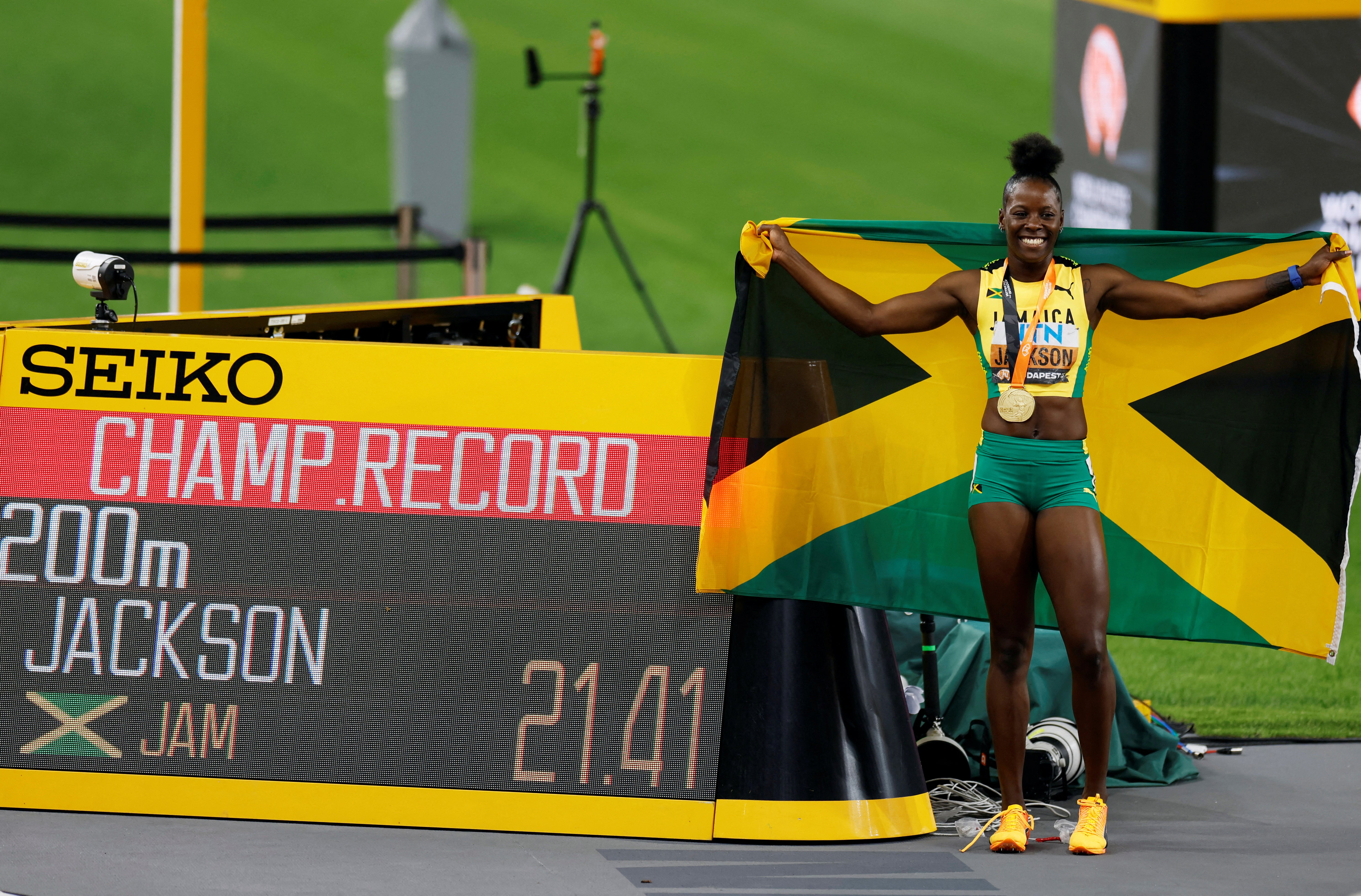 Jamaica’s Shericka Jackson reacts after winning gold in the women’s 200m final at last year’s World Championships in Budapest