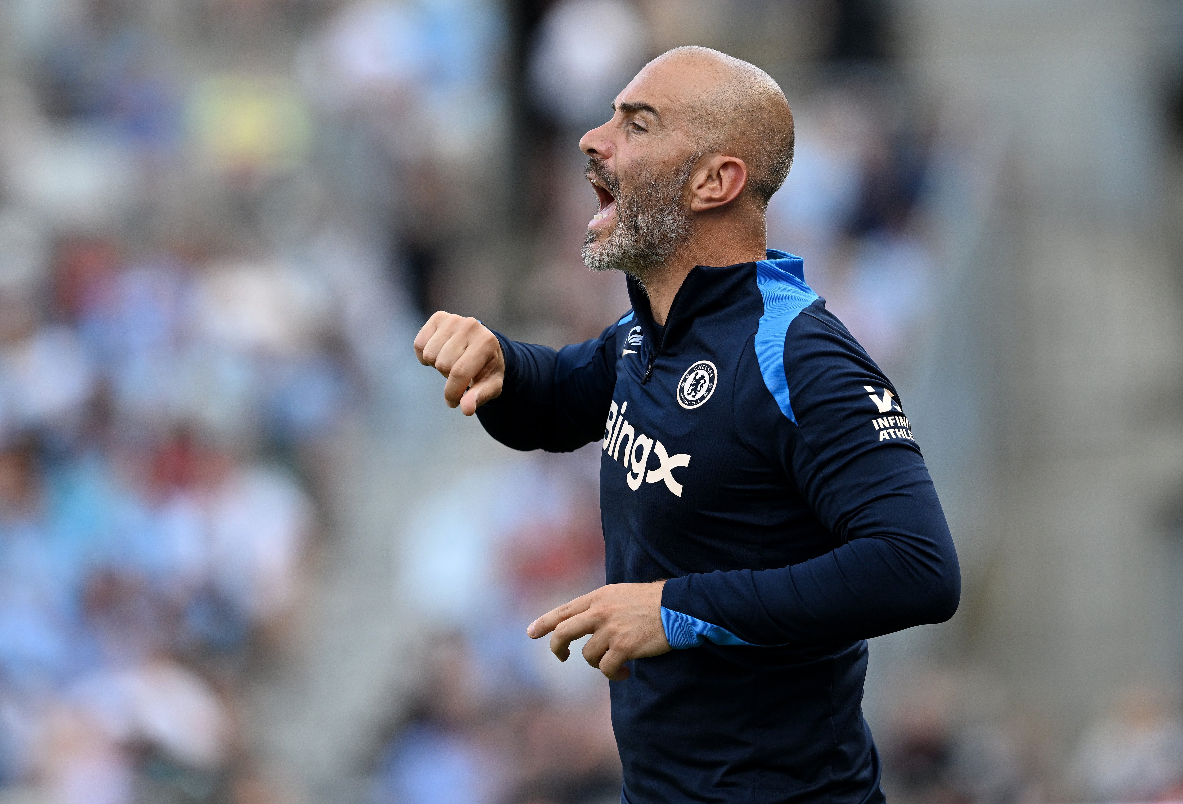 Enzo Maresca, Manager of Chelsea reacts in a friendly against Man City