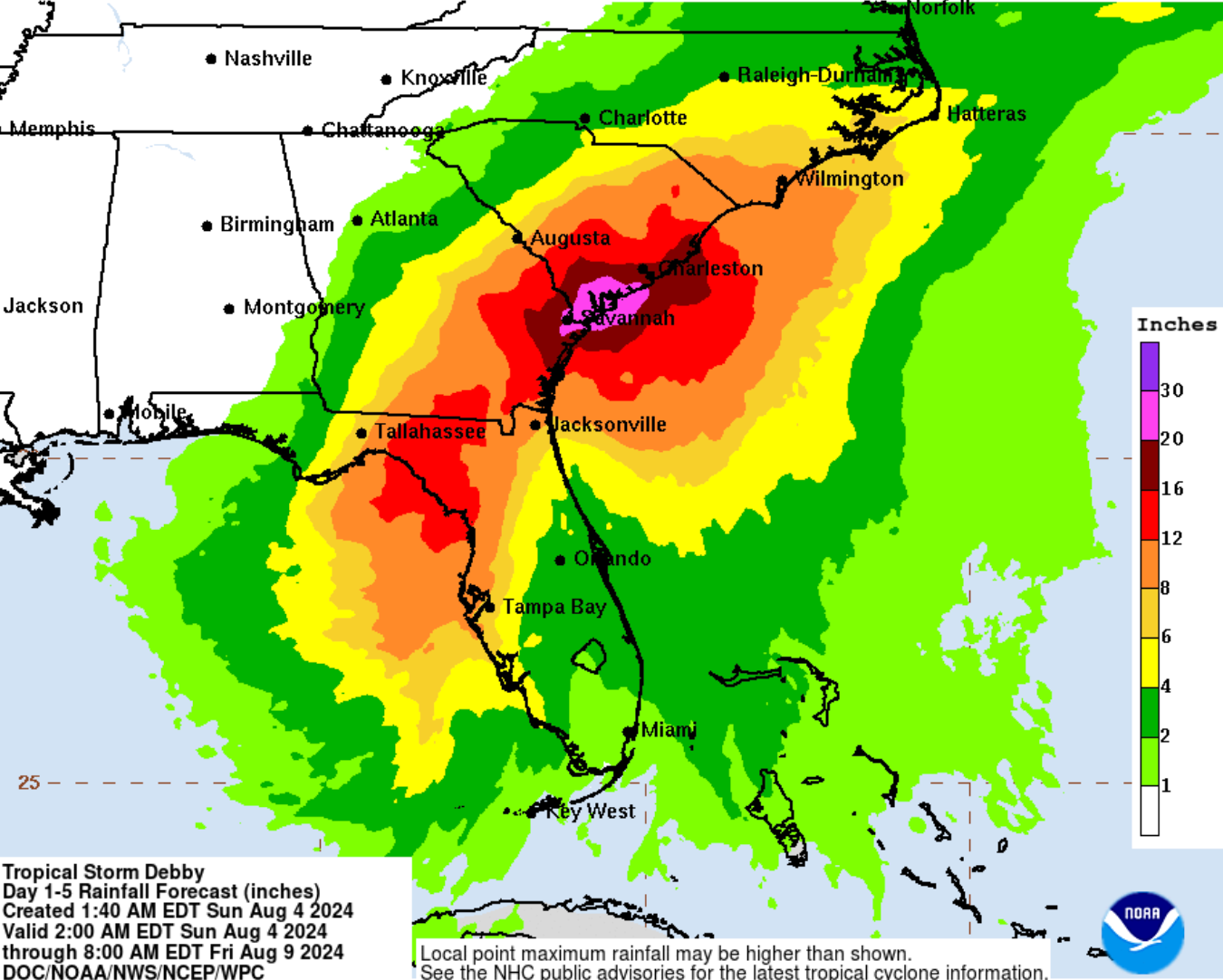 A map of rainfall levels expected from Tropical Storm Debby through Friday.