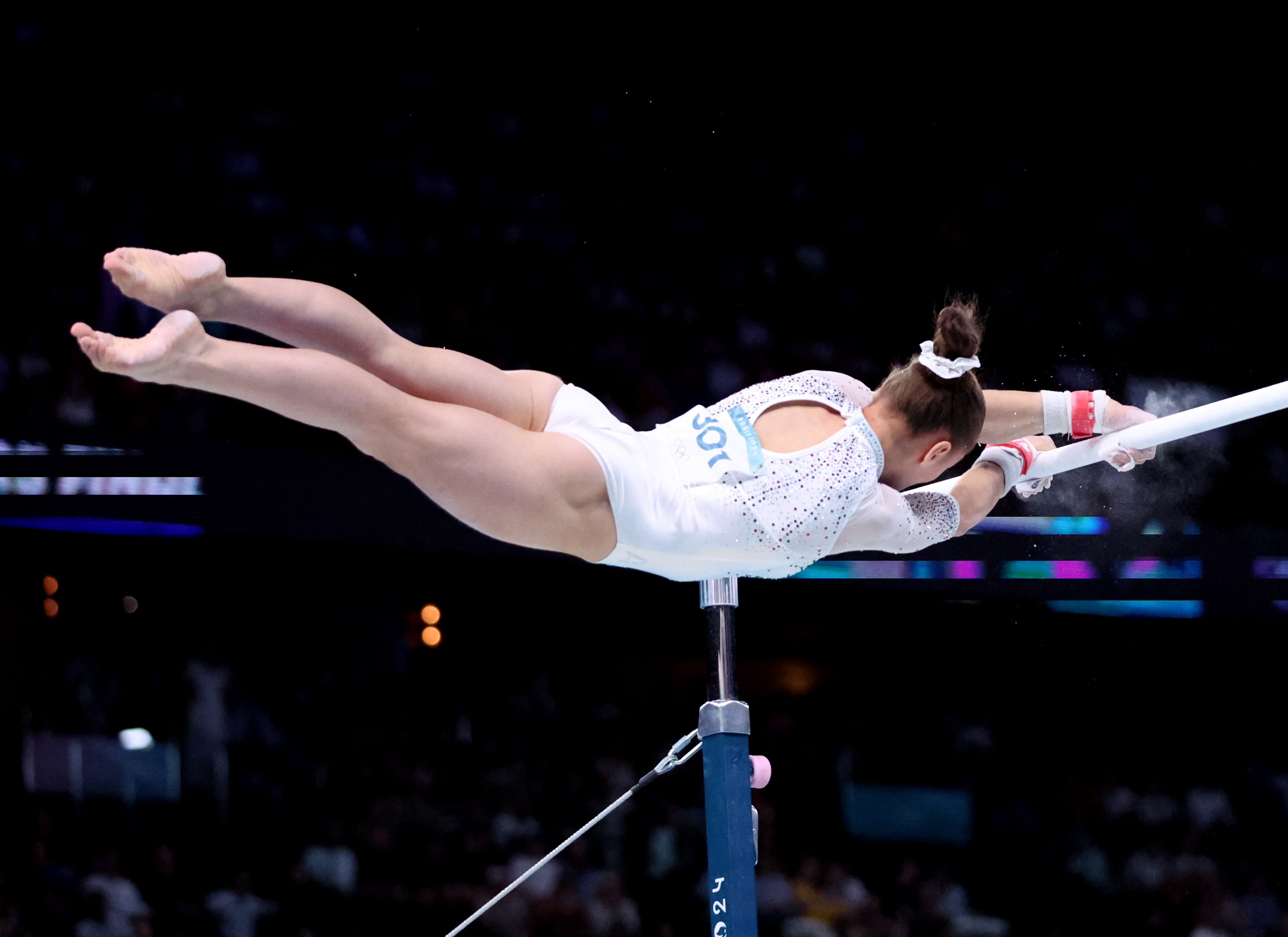 Kaylia Nemour in action during the uneven bars final